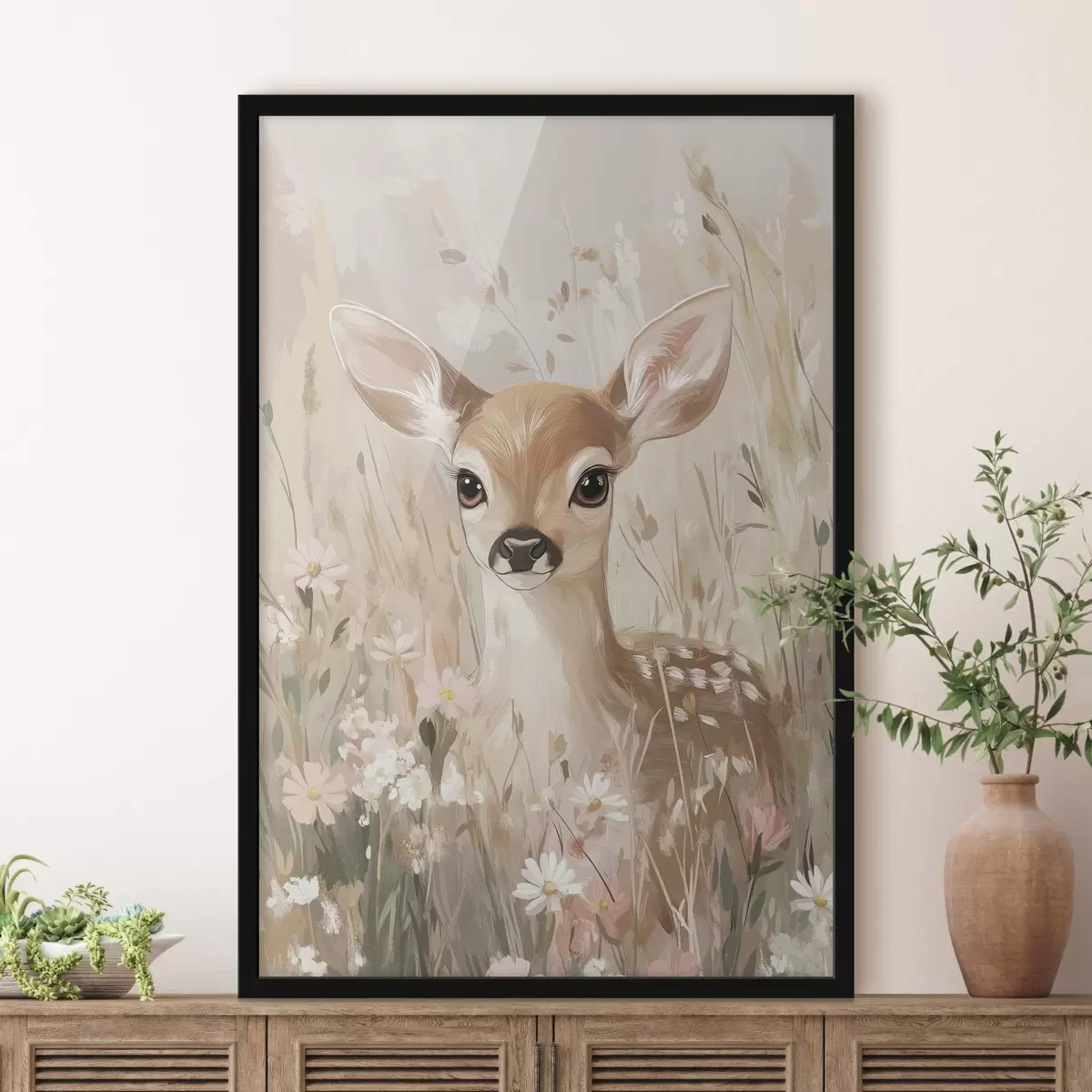 Plakāts Mazs briedis vasaras pļavā, akrila stila zīmējums, pasteļrozā un smilškrāsas krāsas f42781