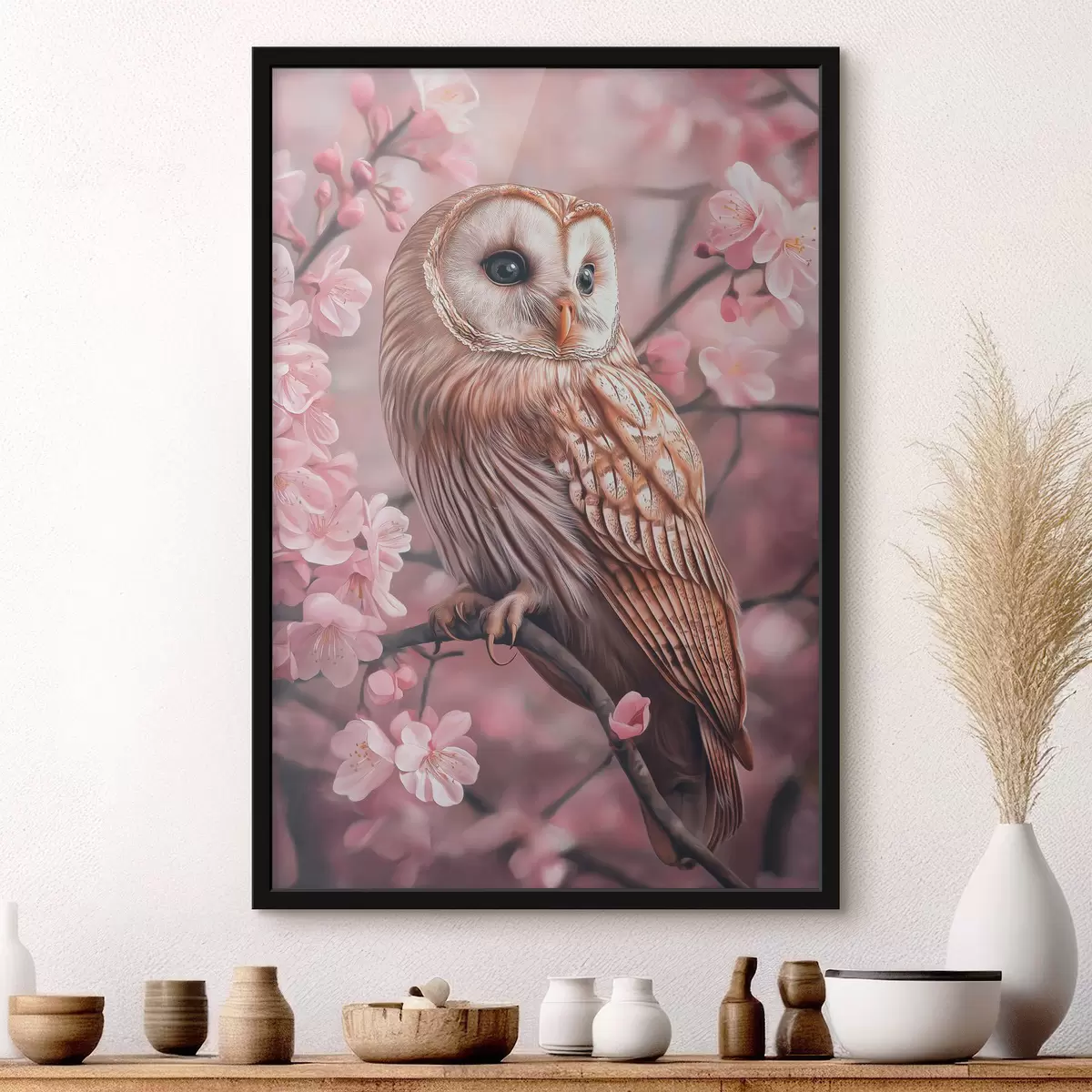 Plakāts Pūce uz ķiršu koka, rozā ziedi, reālisms, daba f42785