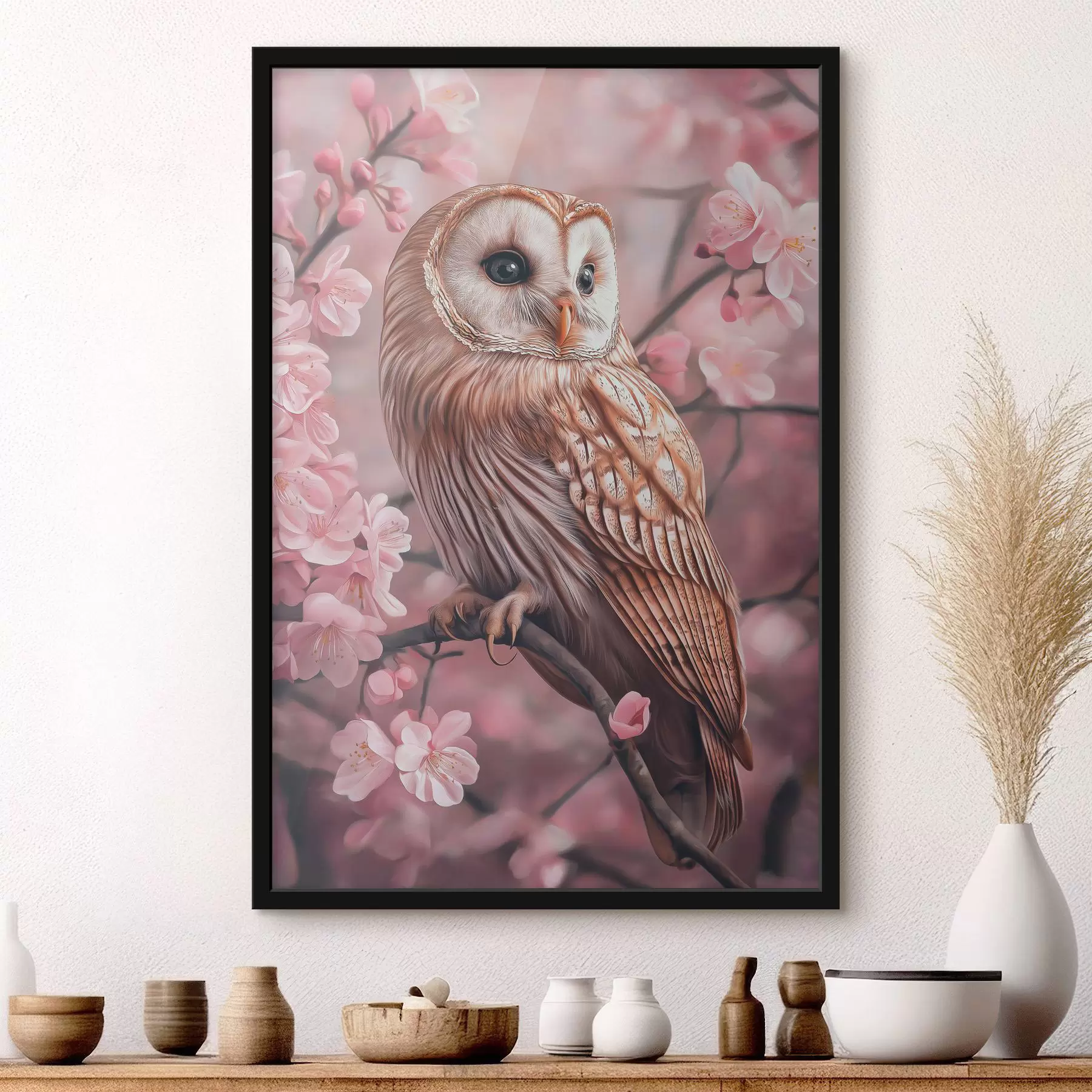 Fototapetes Pūce uz ķiršu koka, rozā ziedi, reālisms, daba f42785