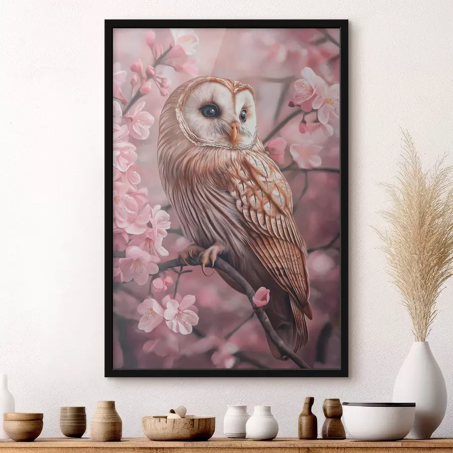 Fototapetes Pūce uz ķiršu koka, rozā ziedi, reālisms, daba f42785