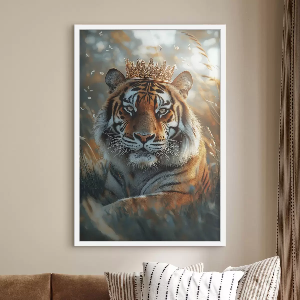 Plakāts Skaists tīģeris ar kroni, vasaras pļava, reālisms f42786