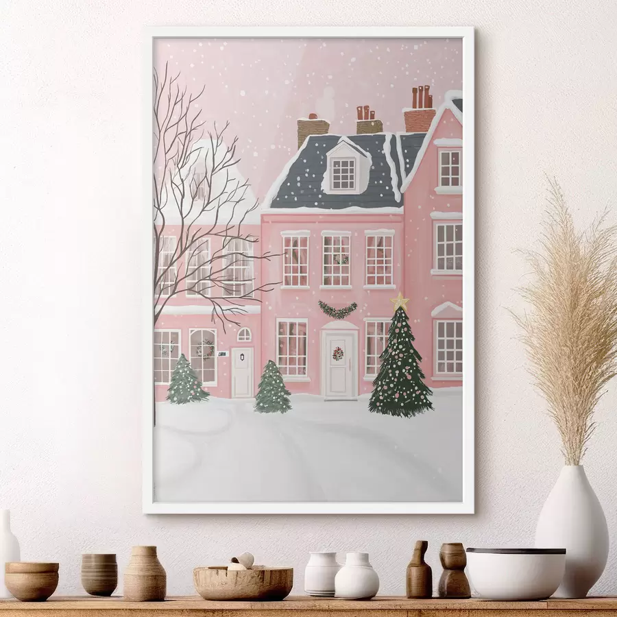 Fototapetes Jauki rozā mājas, priedes, ziemas ainavas f42791