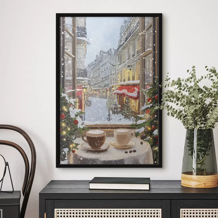 Fototapetes Mājīga ziemas kafejnīca, kafijas tases, akrila stils, vecpilsētas arhitektūra f42795