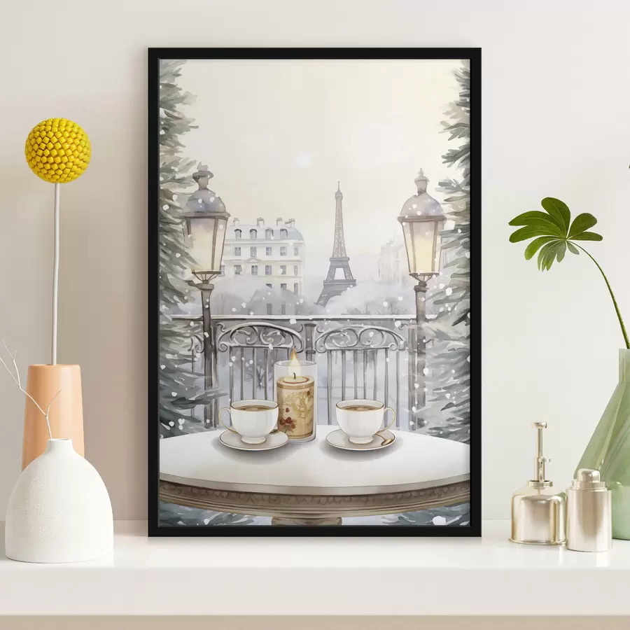 Fototapetes Skaista kafejnīca Parīzē, tējas tasītes, romantisks skats, ziema, akvareļu stils f42799