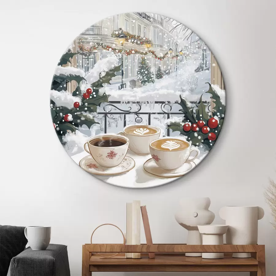 Glezna Ziemas estētika, kafijas tasītes, restorāns, pilsētas iela r42794