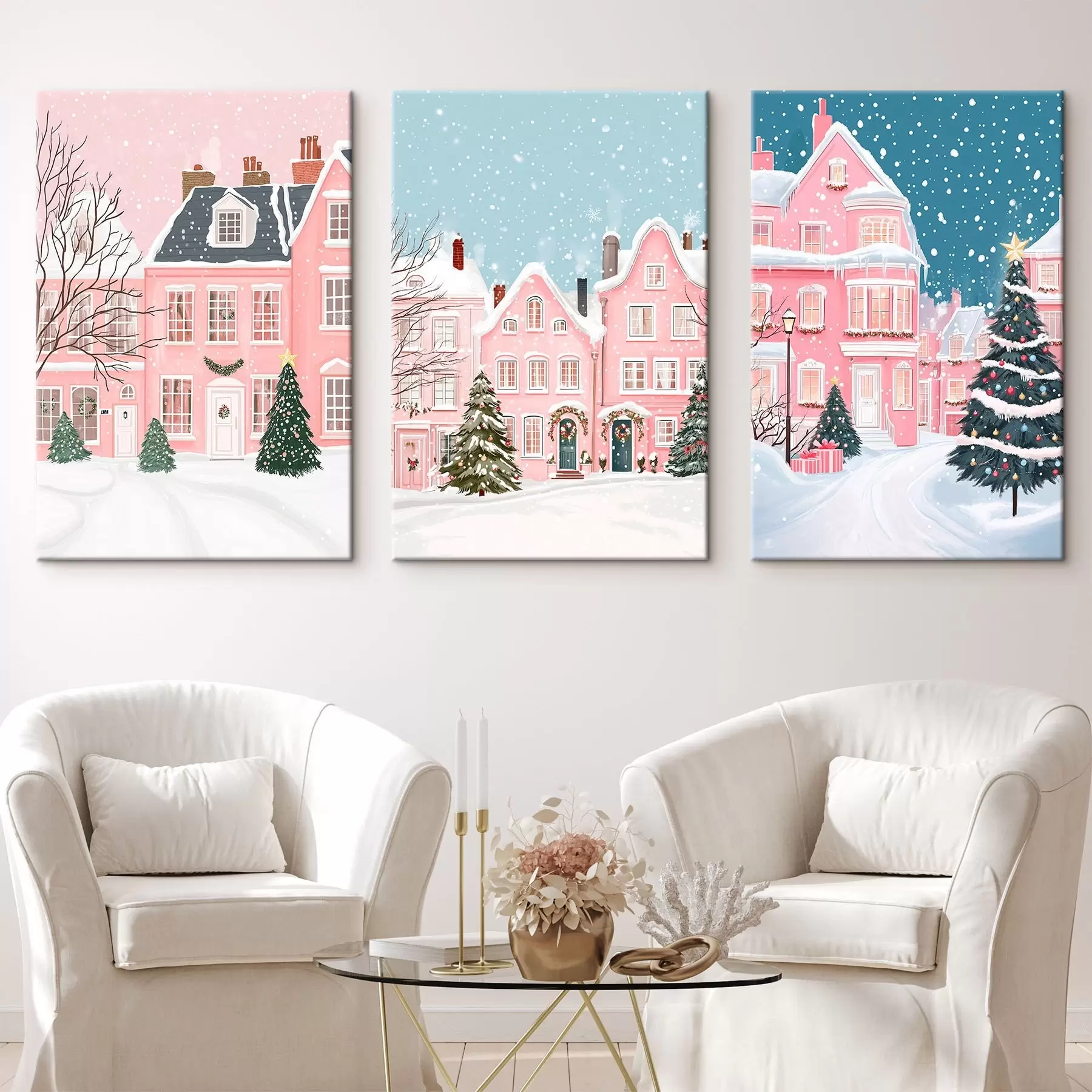 Glezna Skaista ziemas pilsēta ar rozā mājām, priedēm, sniegpārslām  m00410