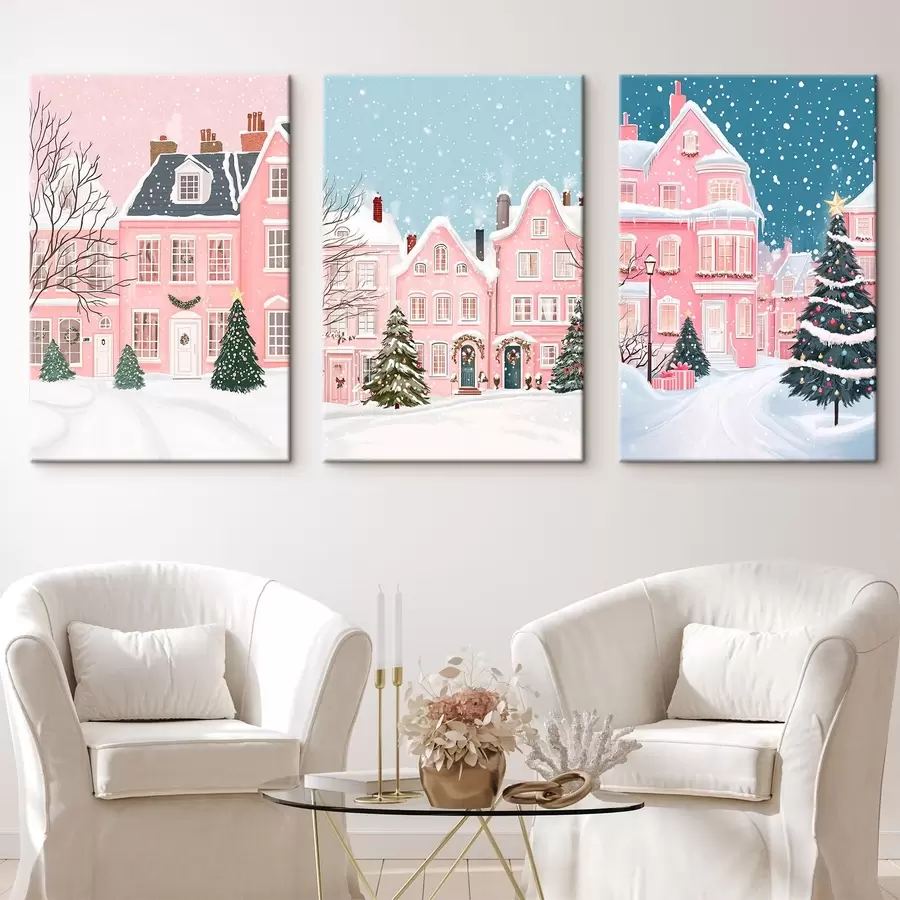 Glezna Skaista ziemas pilsēta ar rozā mājām, priedēm, sniegpārslām  m00410