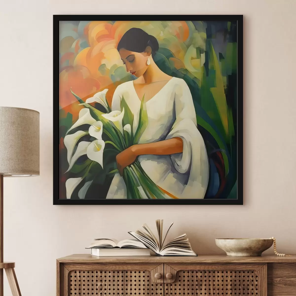 Plakāts Sieviete ar kalla liliju pušķi f42818