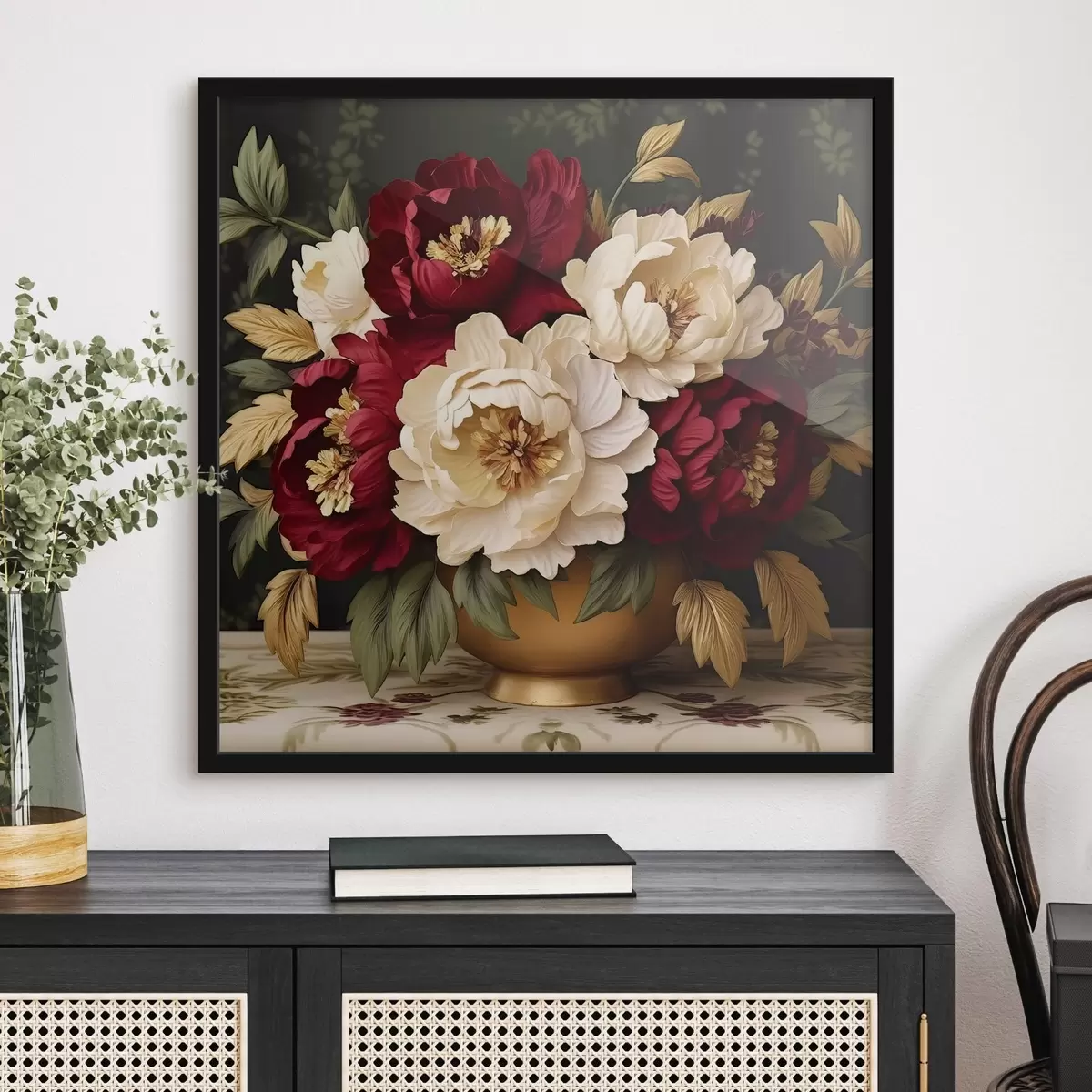 Plakāts Sarkanas un baltas peonijas vāzē f42820