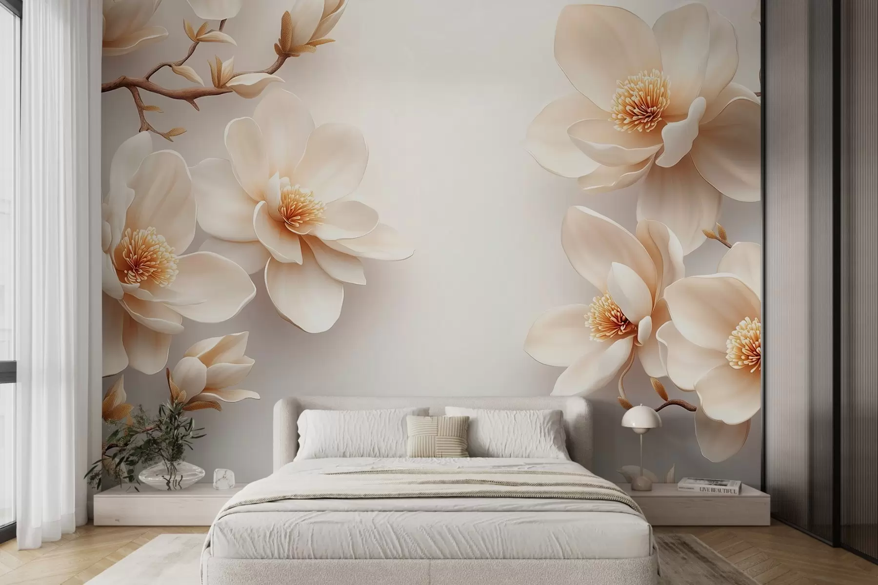 Fototapetes Skaisti ziedoši krēmkrāsas magnolijas ziedi uz balta fona w08704