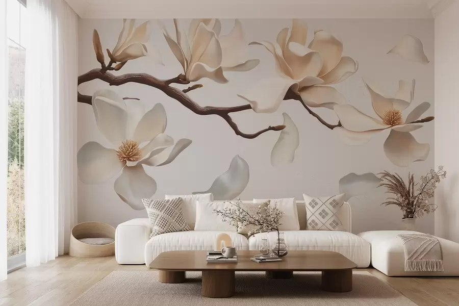 Fototapetes Koka zars ar maigiem magnolijas ziediem un krītošām ziedlapiņām w08706