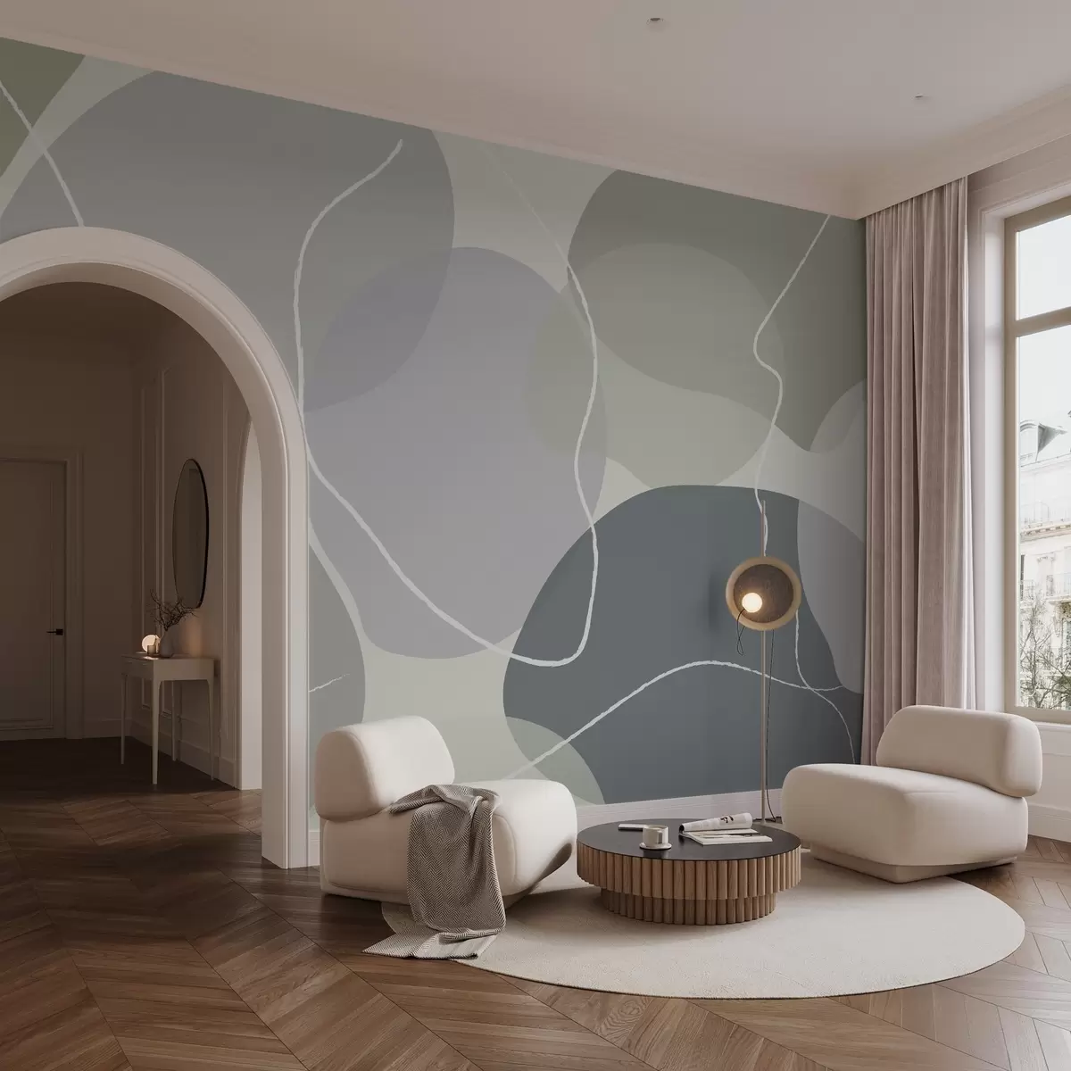 Fototapetes Abstraktais raksts ar maigām organiskām formām pelēkzaļos un bēšos toņos, akcentēts ar maigām baltām līnijām w03039
