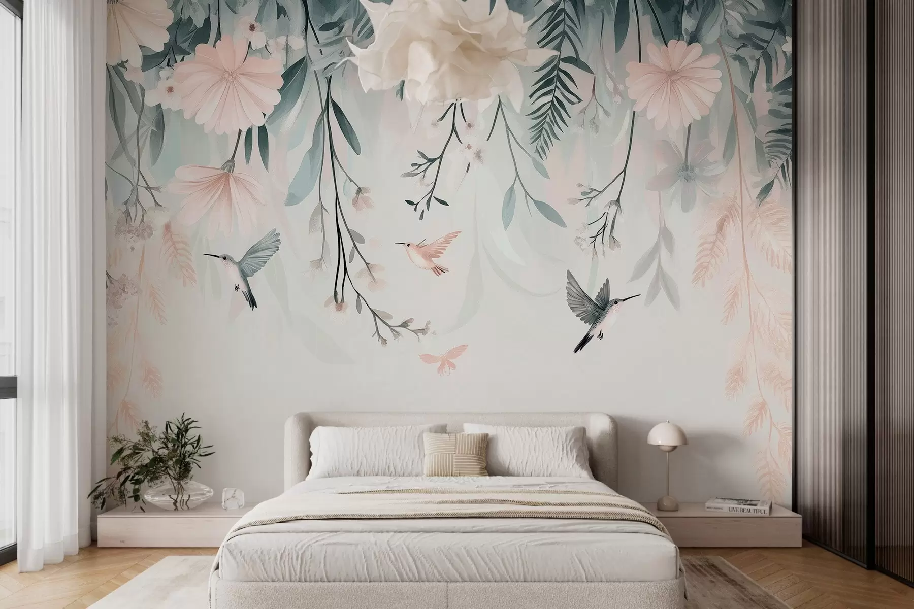 Fototapetes rozā ziedi glezniecības tehnikas imitācijā, kas karājas no augšas w03012