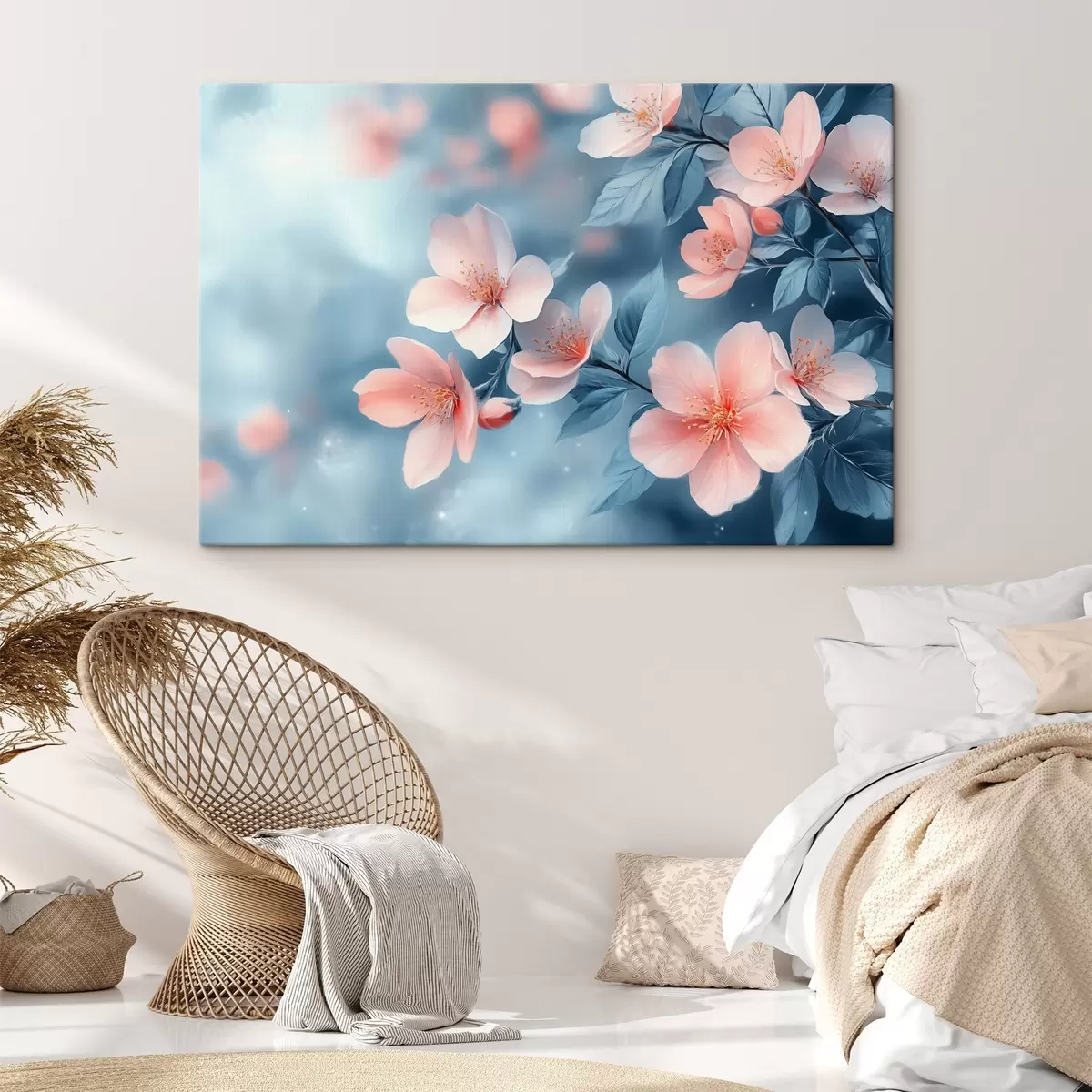 Glezna Rozā ziedi uz zila fona s42846