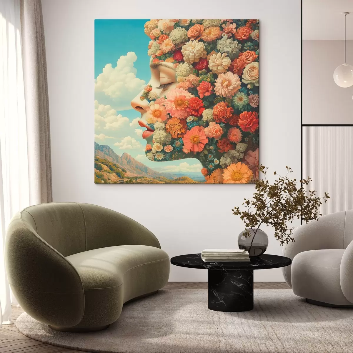 Glezna Seja profilā ziedos s42861