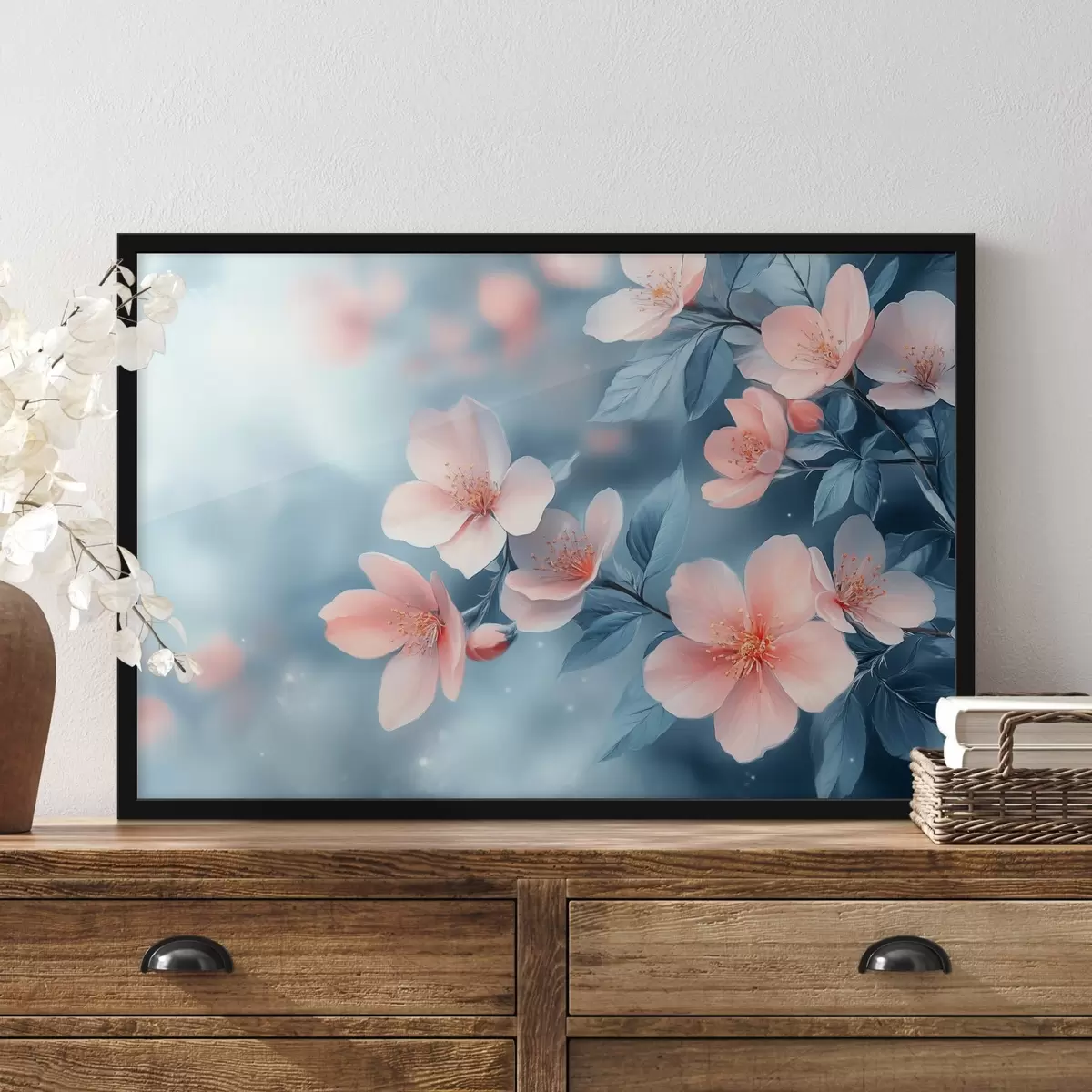 Plakāts Rozā ziedi uz zila fona f42846