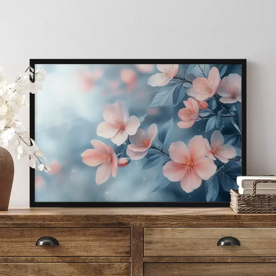 Fototapetes Rozā ziedi uz zila fona f42846