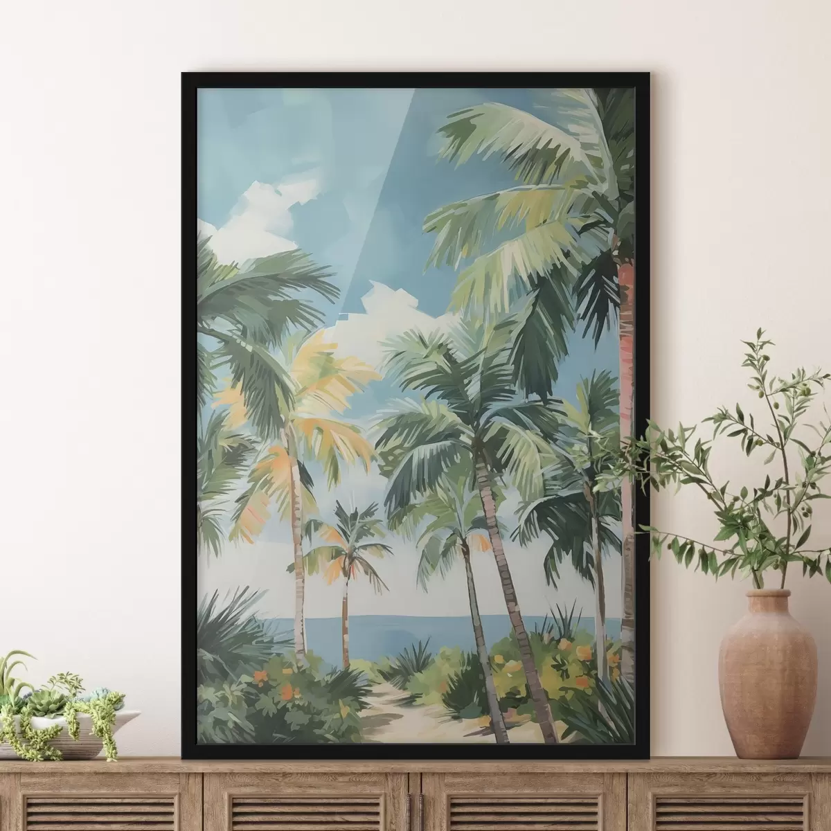 Plakāts Palmu birzs pie jūras glezniecības imitācija f42840