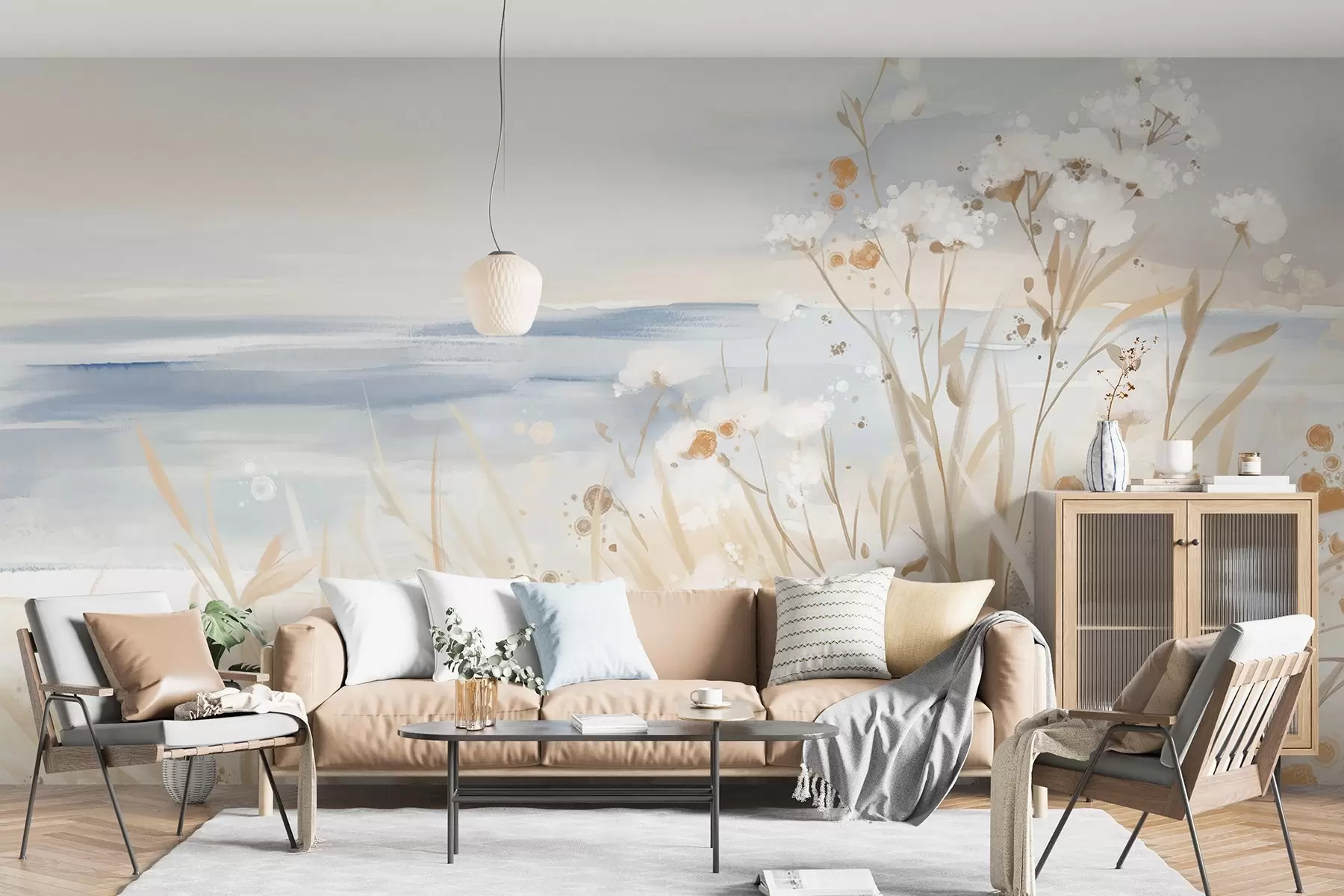 Fototapetes Balti abstrakti ziedi ar maigiem stublājiem zālē uz maiga, klusināta fona ar mierīgu jūru un debesīm  w08740