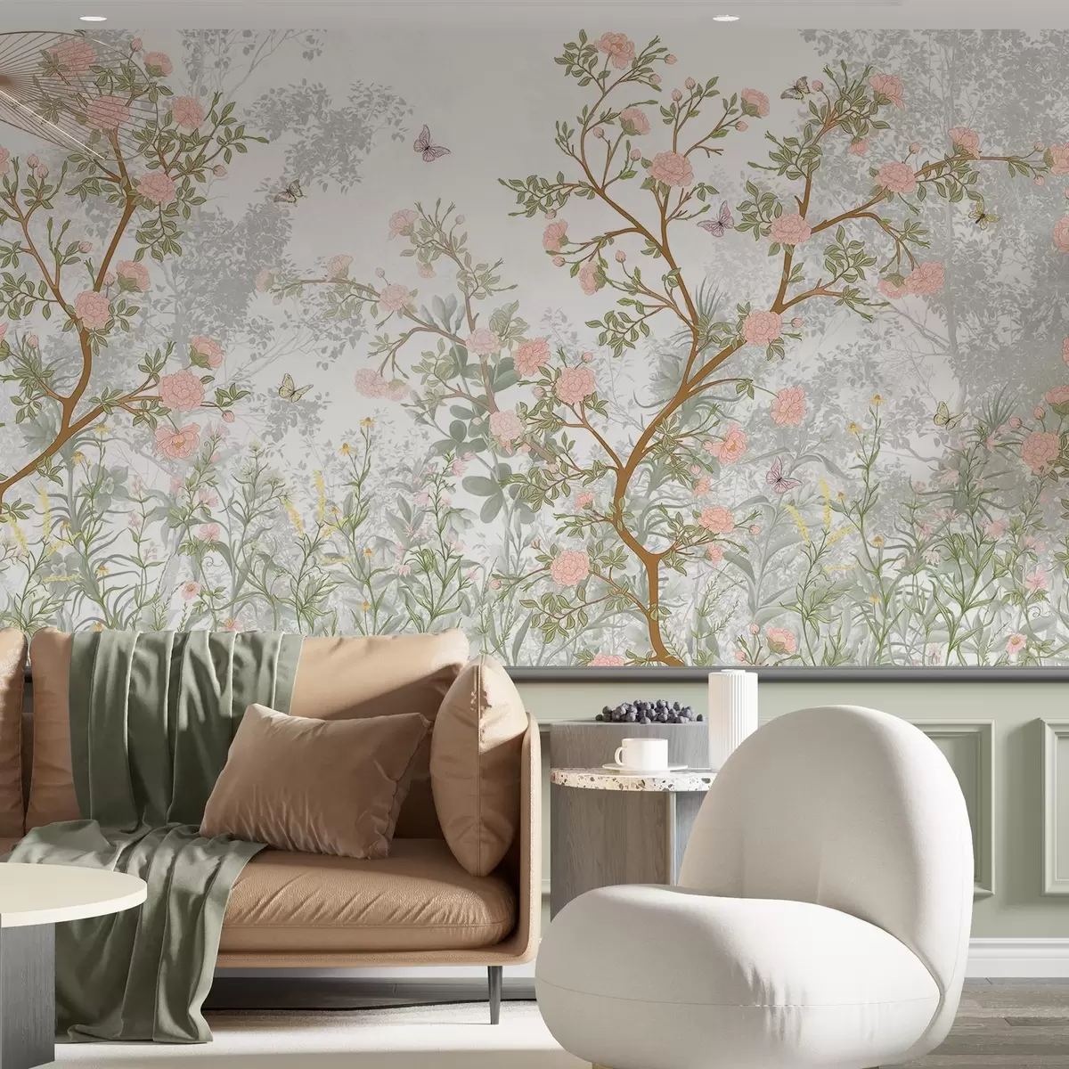 Fototapetes Smalki rozā ziedoši koki, lidojoši tauriņi un zaļas lapas, kas savijušās ar slaidiem zariem  w08744