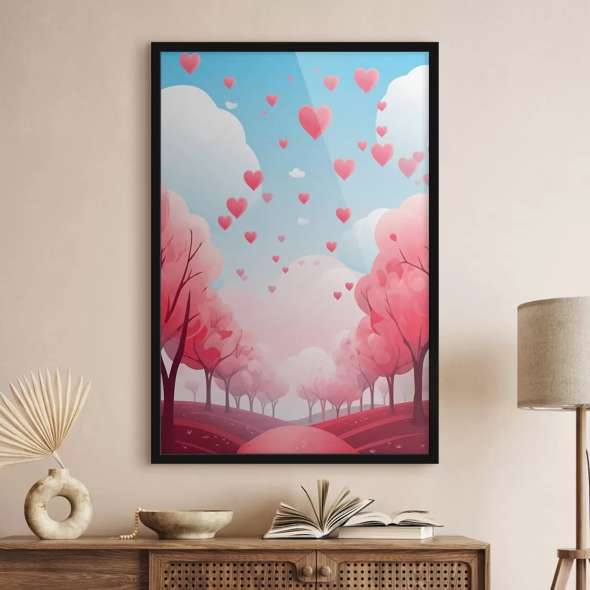 Plakāts Mīlestības aleja, rozā koki un sirdis f42876