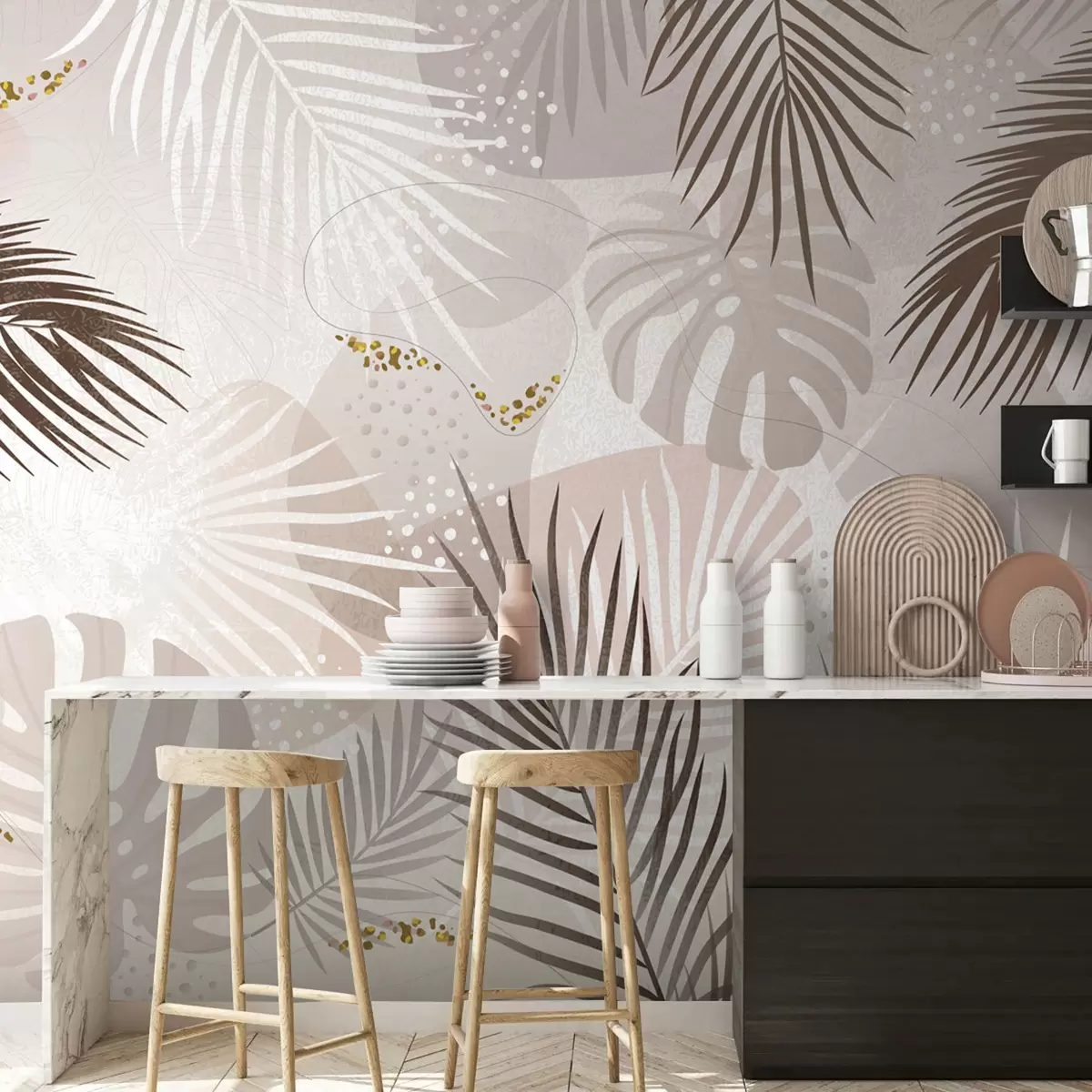 Fototapetes Abstraktā tropu lapu un līniju tendence w03060