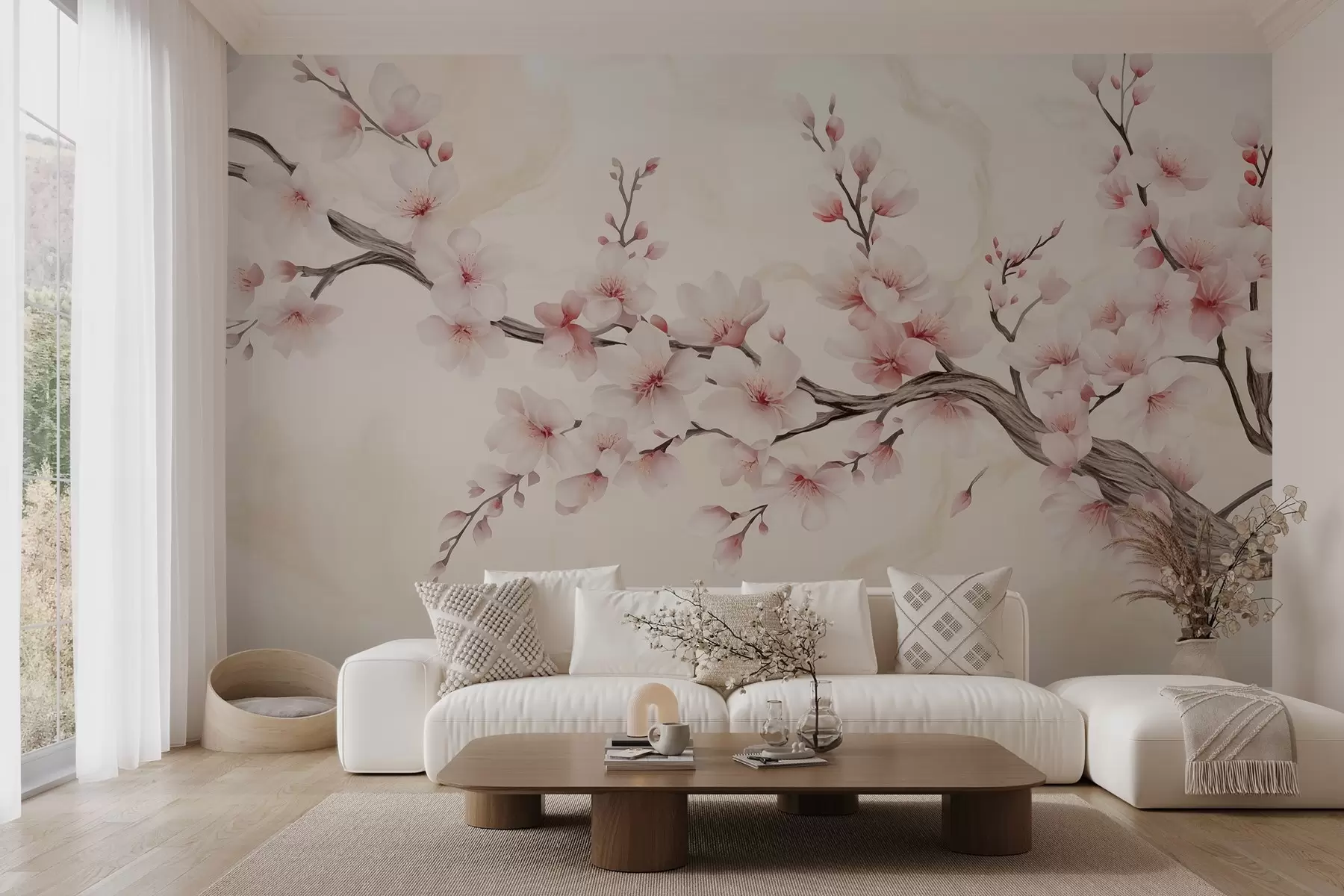 Fototapetes Smalks ķiršu ziedu zars ar maigi rozā ziediem uz gaiša fona w03079