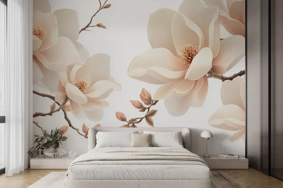 Fototapetes Krēmkrāsas magnolijas zari uz balta fona w08755