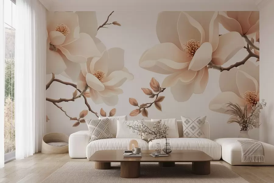 Fototapetes Krēmkrāsas magnolijas zari uz balta fona w08755