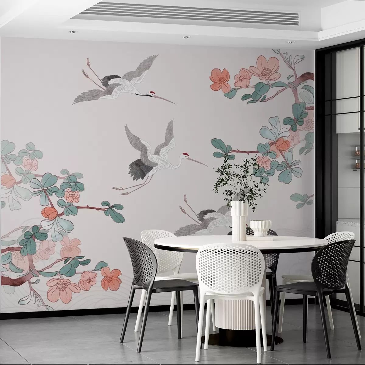 Fototapetes Japāņu stila zari ar ziediem un dzērvēm w03103