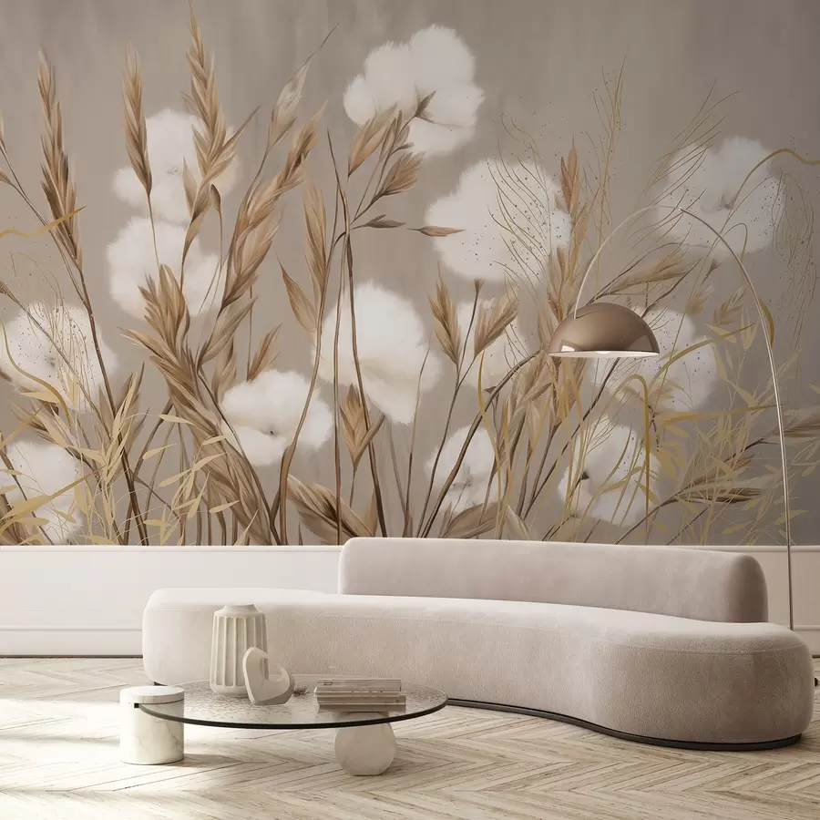 Fototapetes Mīksti, pūkaini kokvilnas balti ziedi un augstas oranžas zālienes uz bēša fona ar pieskaņotu faktūru w08784