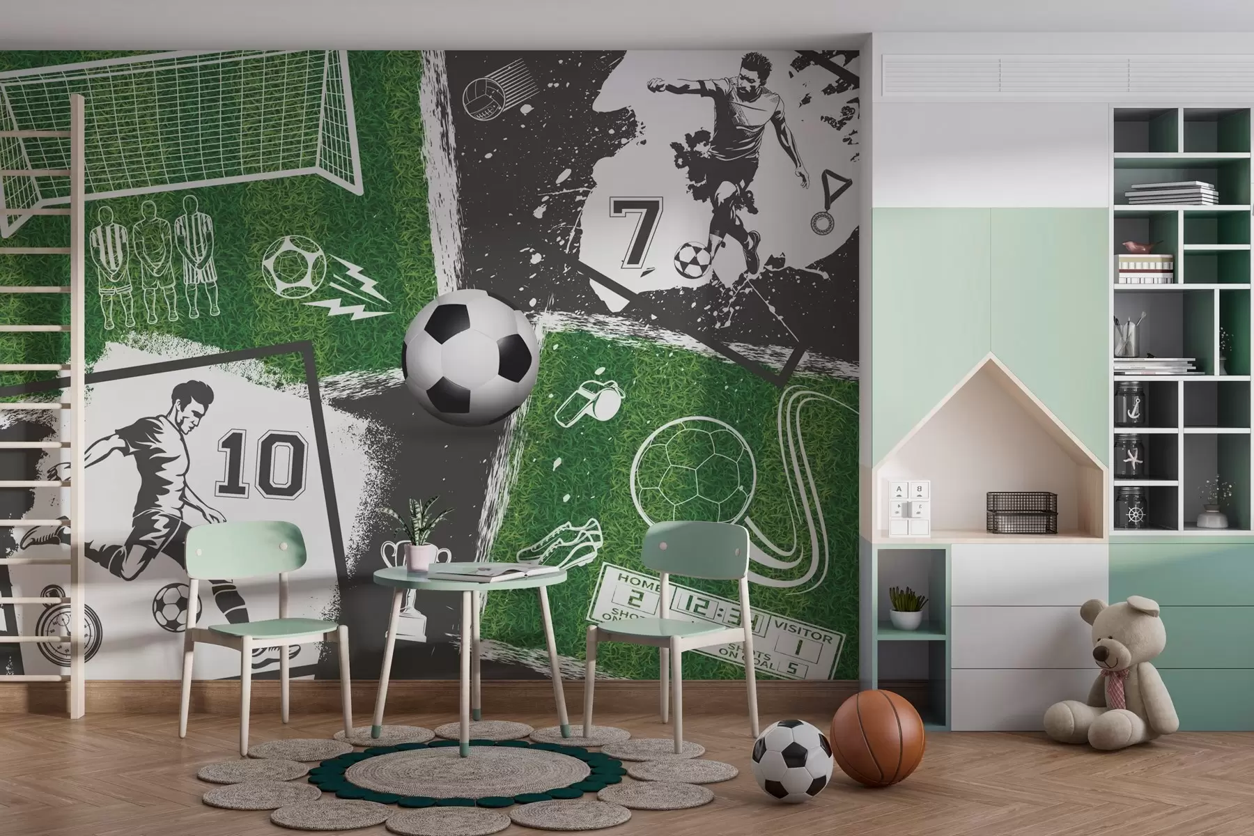 Fototapetes Futbola spēlētāji, bumba un laukums w03121