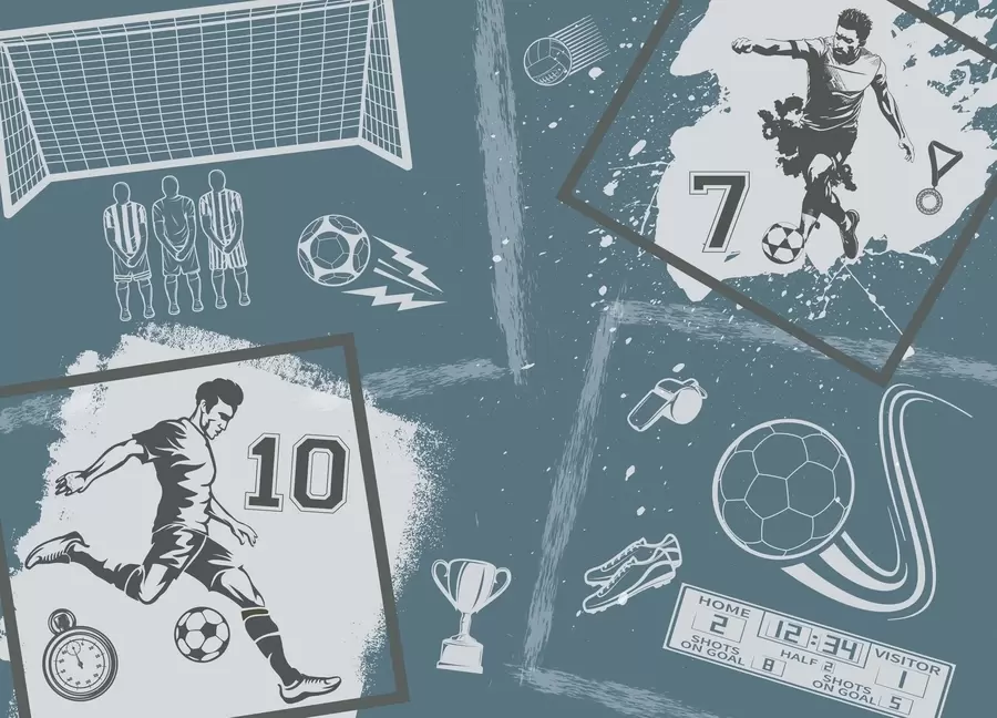 Fototapetes Futbolisti, bumba un citi futbola atribūti zilos toņos w03122