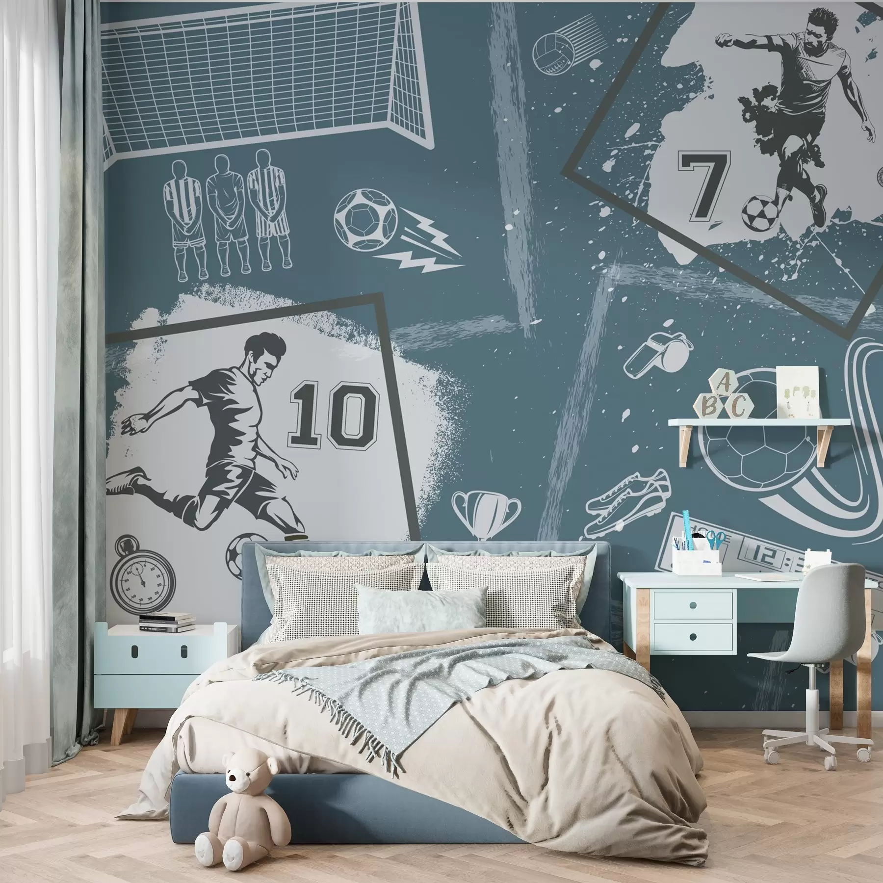Fototapetes Futbolisti, bumba un citi futbola atribūti zilos toņos w03122