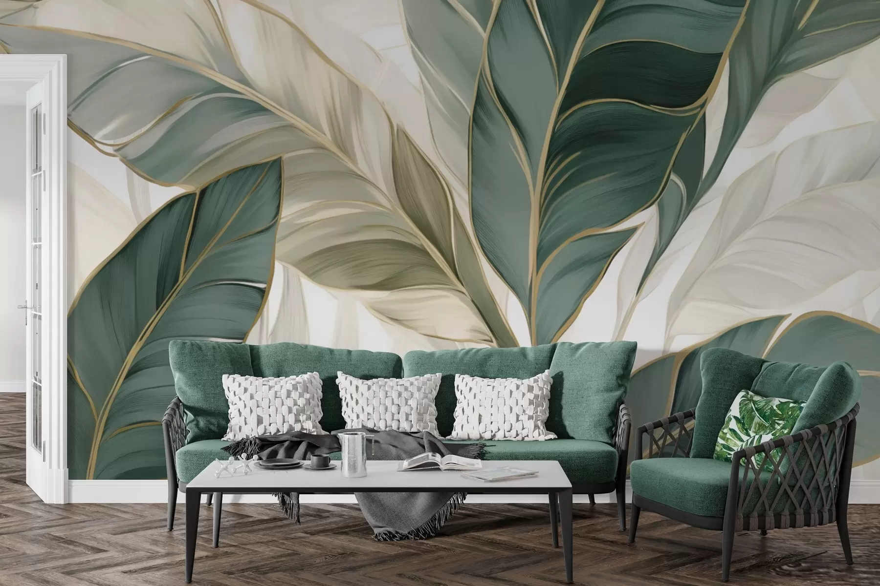 Fototapetes Zaļās tropu lapas uz pelēka un balta fona w03124