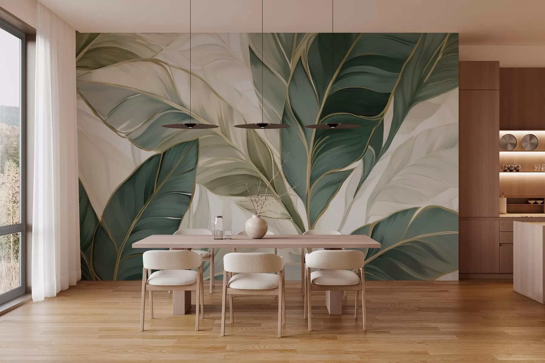 Fototapetes Zaļās tropu lapas uz pelēka un balta fona w03124