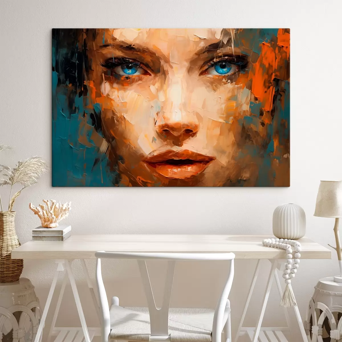 Glezna Sievietes abstraktais portrets ar drosmīgiem triepieniem un pārsteidzošām zilām acīm s42939
