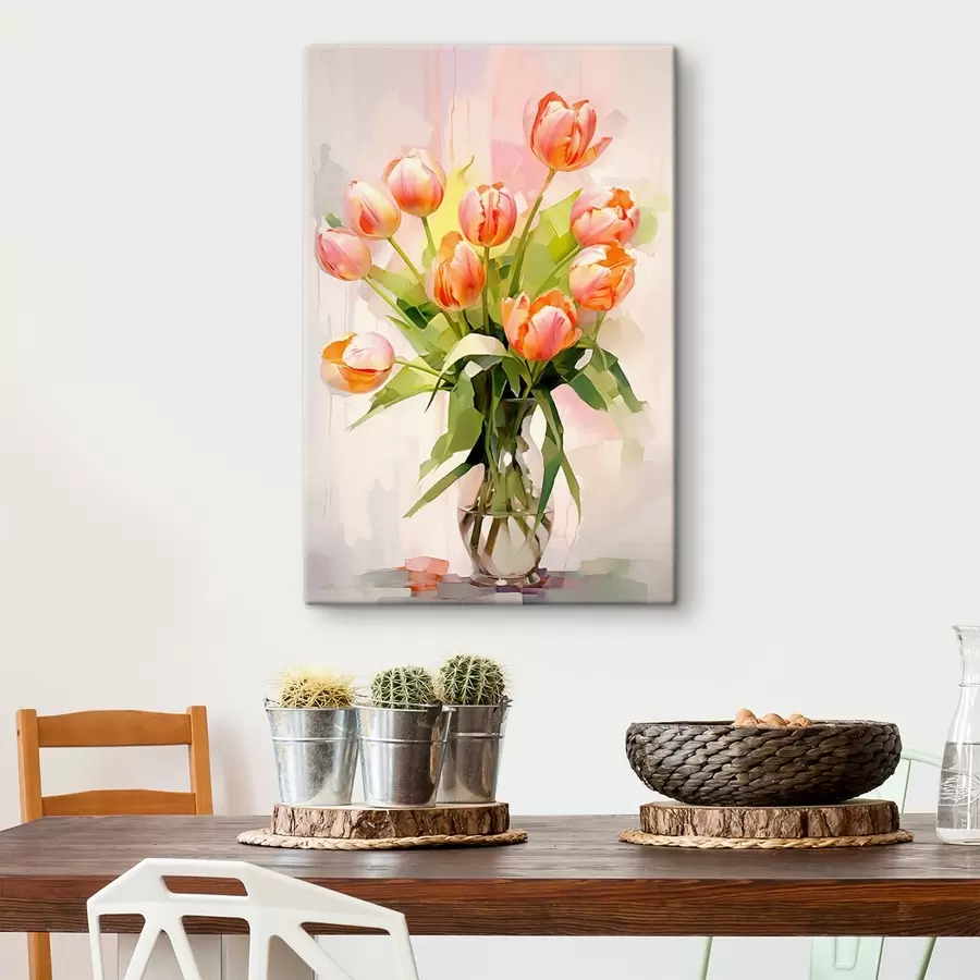 Glezna Gleznieciska klusā daba ar tulpēm stikla vāzē uz gaiša fona s42940
