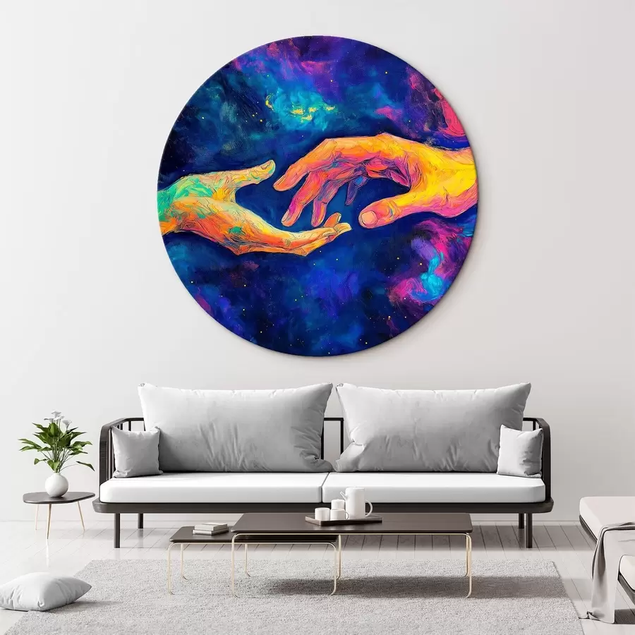 Glezna Abstrakta kompozīcija ar divām rokām, kas sniedzas viena otrai, košā krāsu paletē uz kosmiska fona r42937