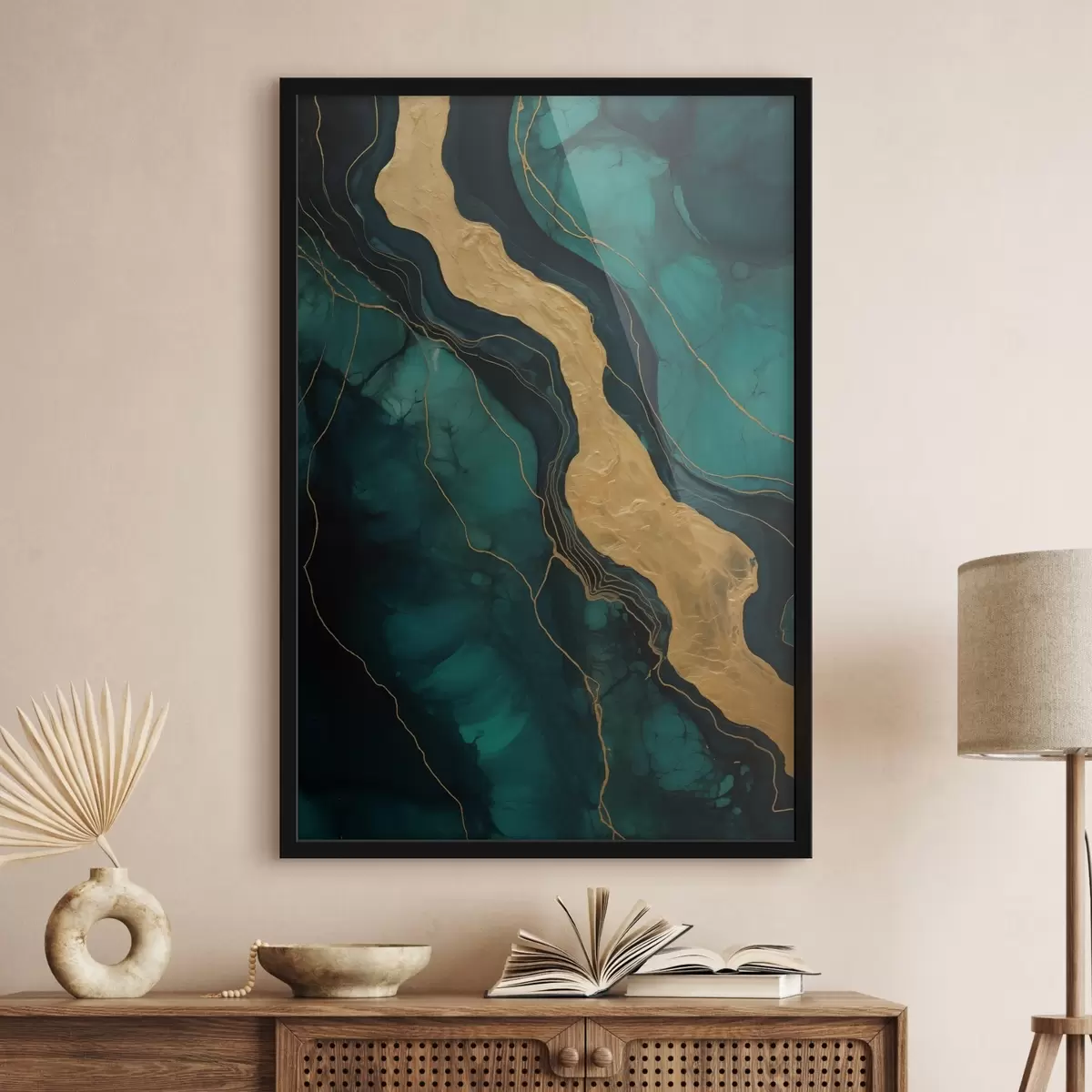 Plakāts Abstrakts raksts ar tumši zaļiem toņiem un siltu kontrastējošu elementu f42934