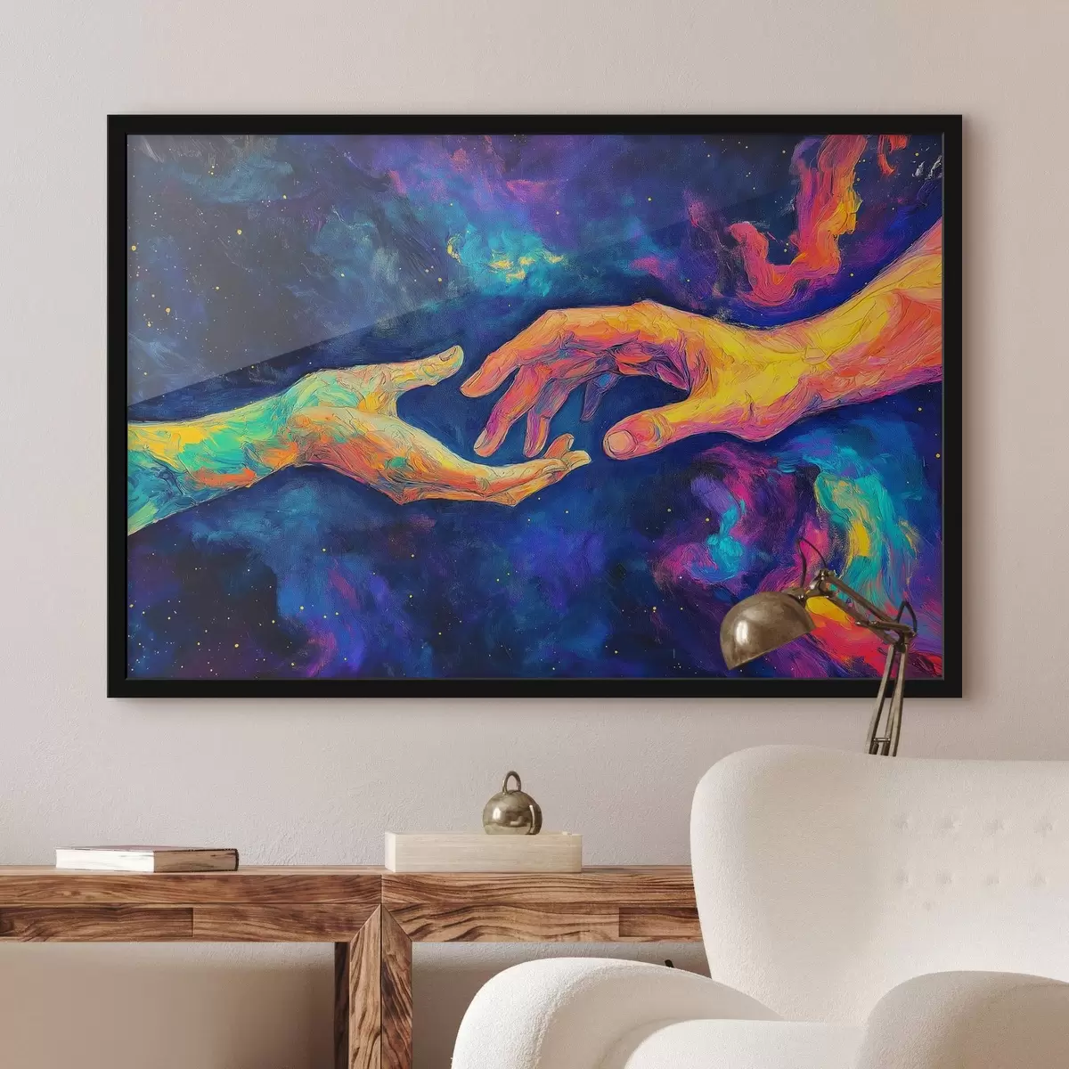 Plakāts Abstrakta kompozīcija ar divām rokām, kas sniedzas viena otrai, košā krāsu paletē uz kosmiska fona f42937