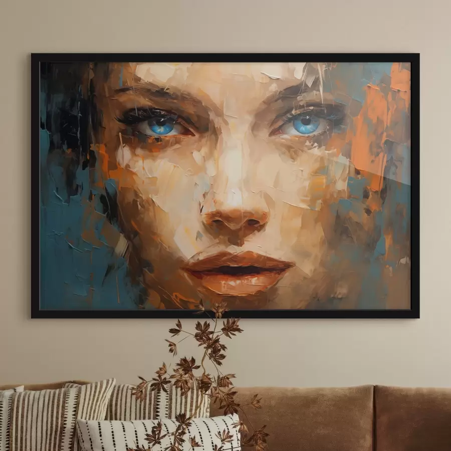 Fototapetes Sievietes abstraktais portrets ar drosmīgiem triepieniem un pārsteidzošām zilām acīm f42939