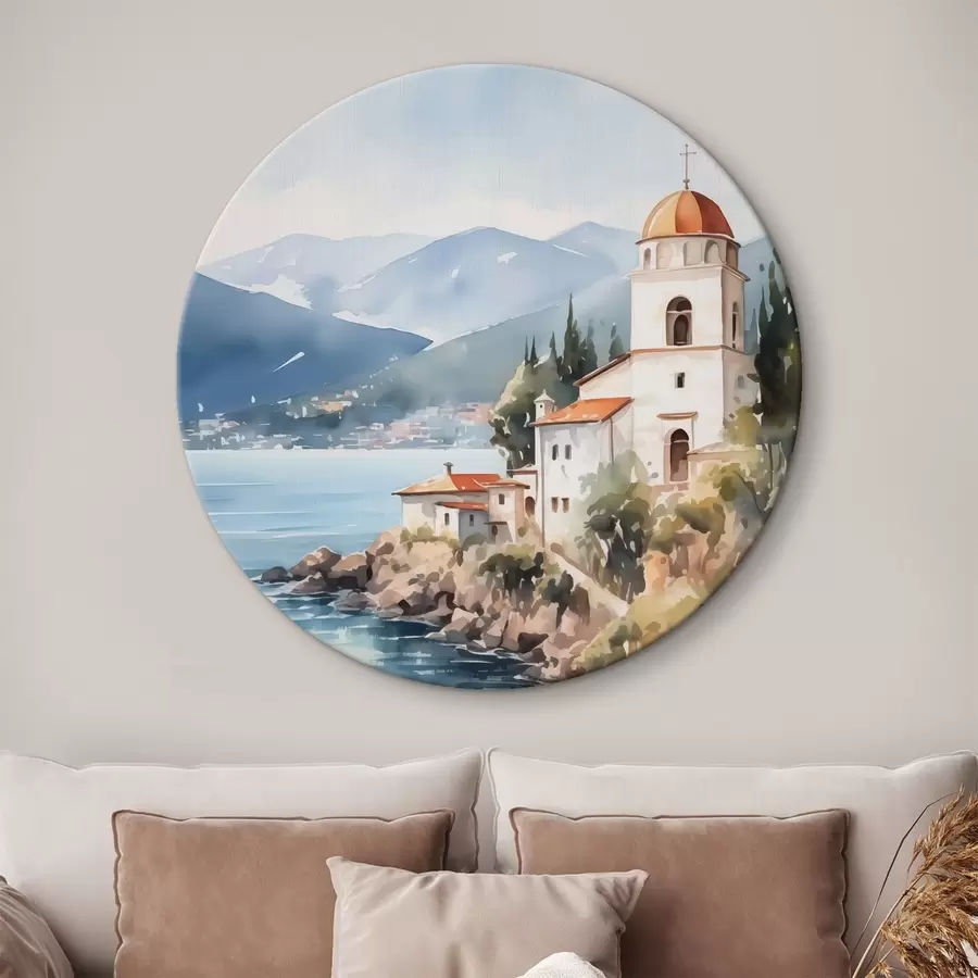 Glezna Baznīca pie jūras ar kalniem fonā r42962