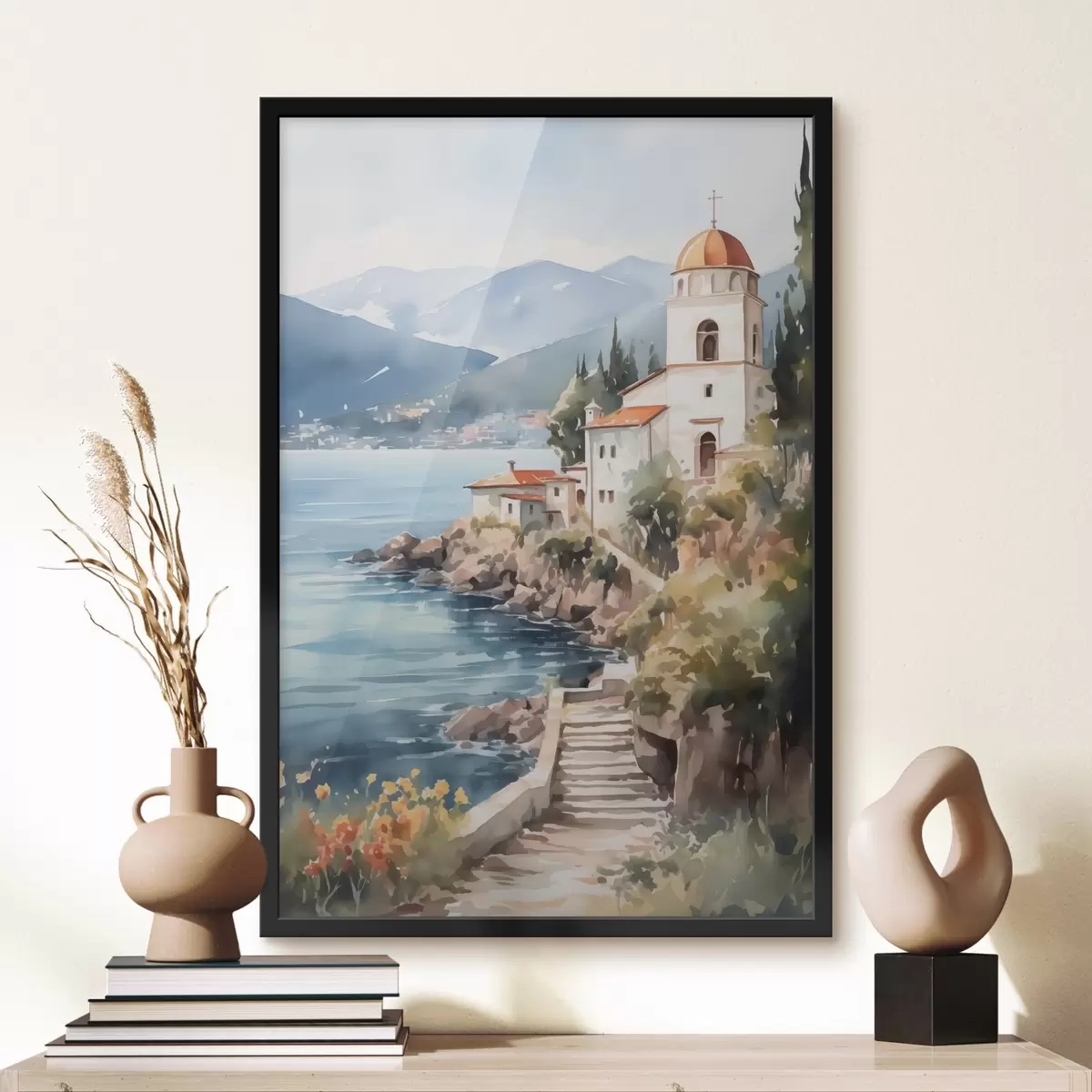 Plakāts Baznīca pie jūras ar kalniem fonā f42962