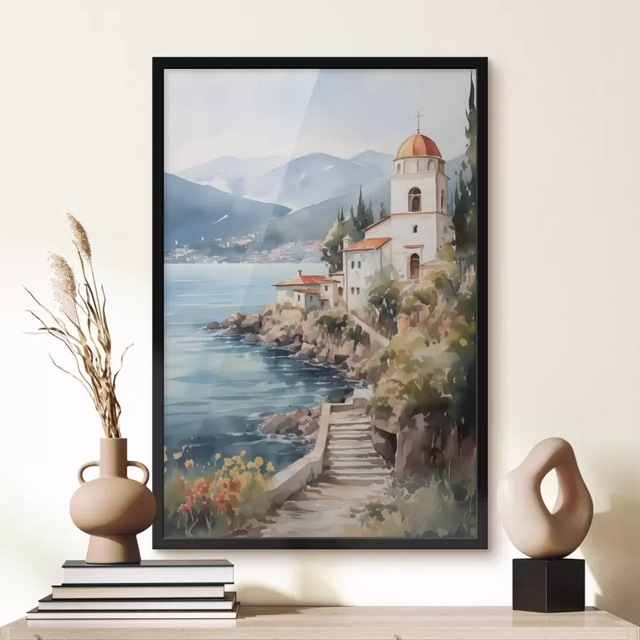 Fototapetes Baznīca pie jūras ar kalniem fonā f42962