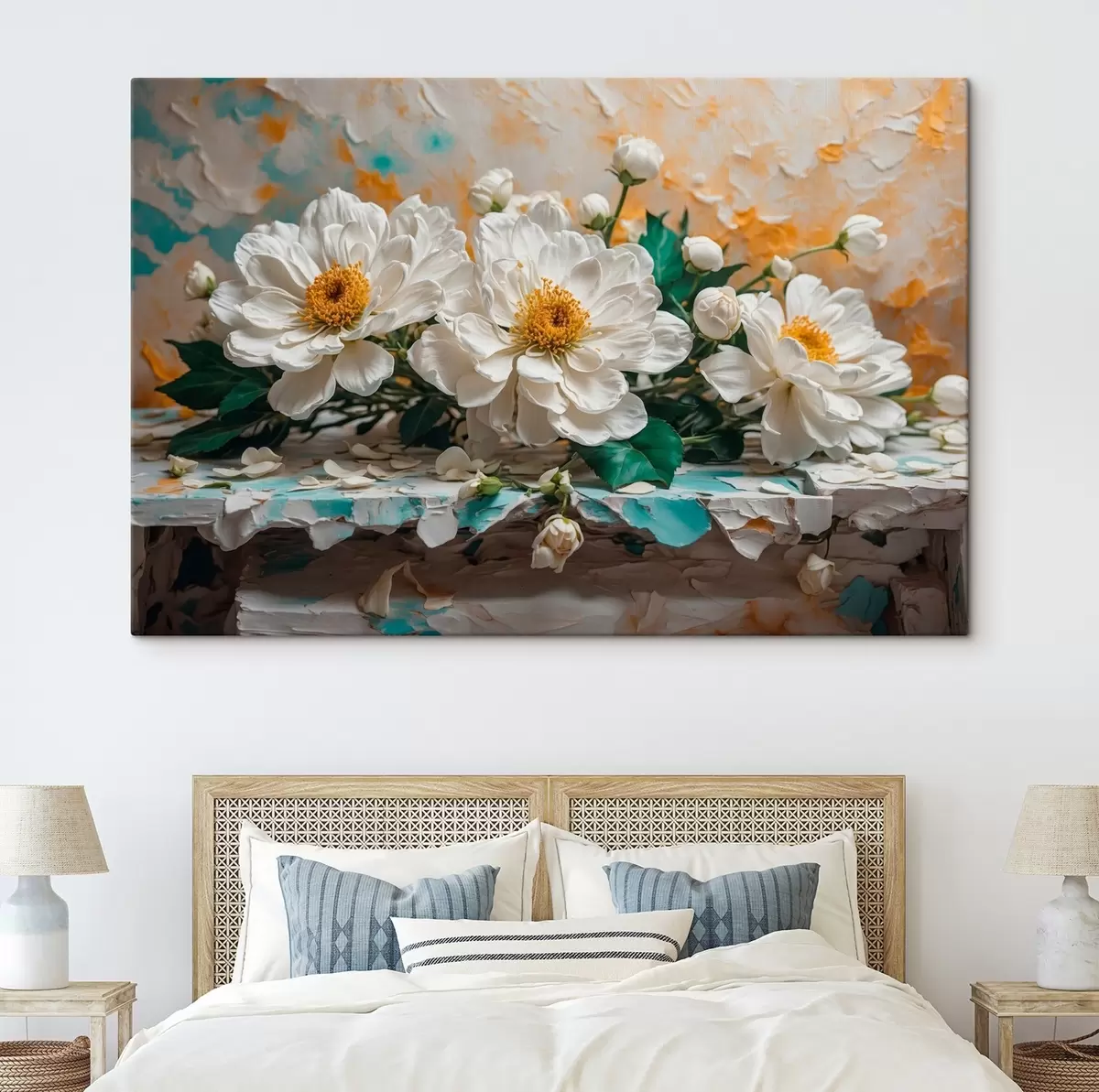 Glezna Balti ziedi uz galda uz abstrakta fona s42924