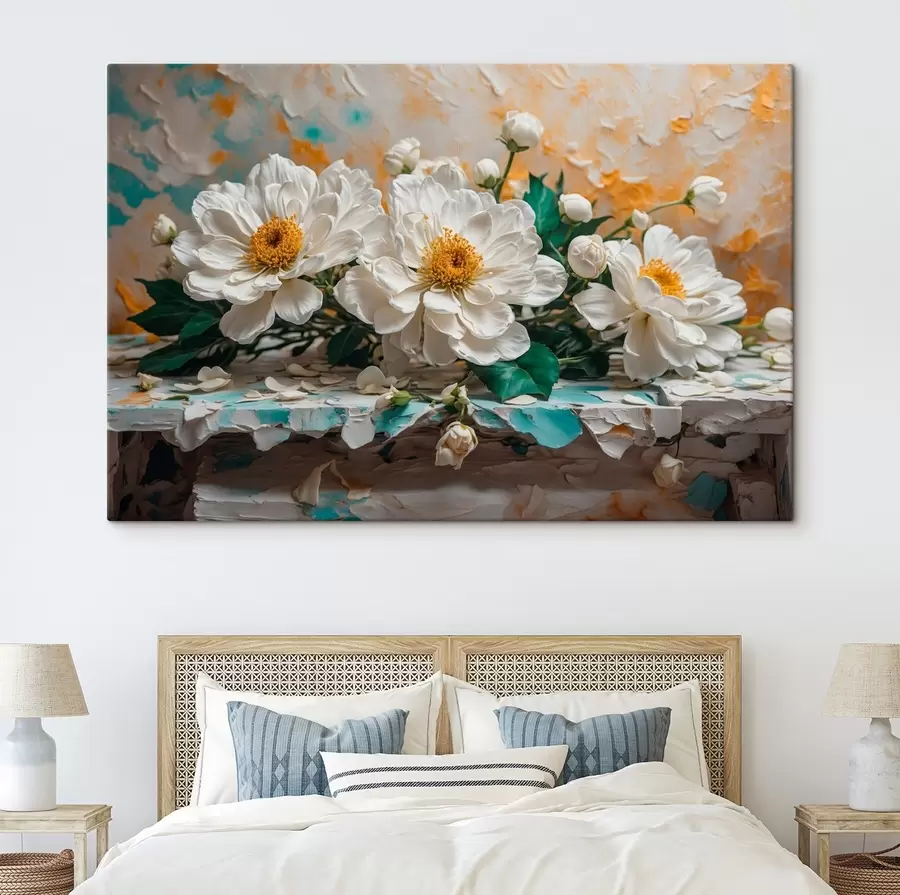 Glezna Balti ziedi uz galda uz abstrakta fona s42924