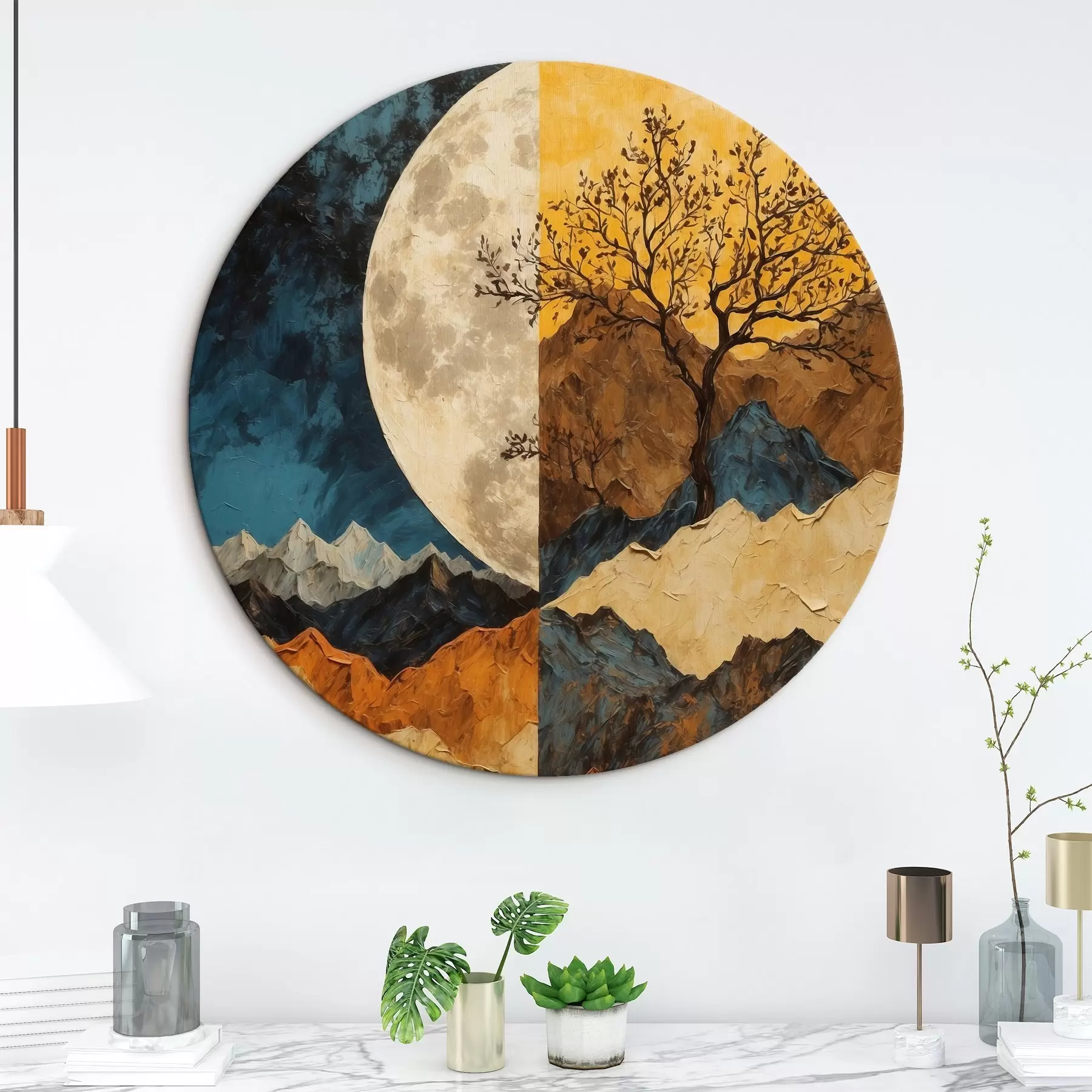 Glezna Daudzkrāsains kalns uz mēness fona akrila glezniecības stilā r42770