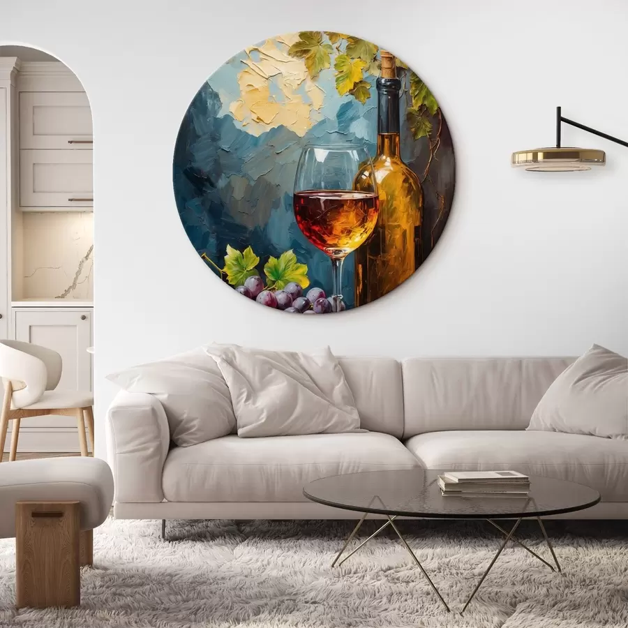 Glezna Graperis, glārijs un vīna pudele uz abrtrakta akrila fona r42772