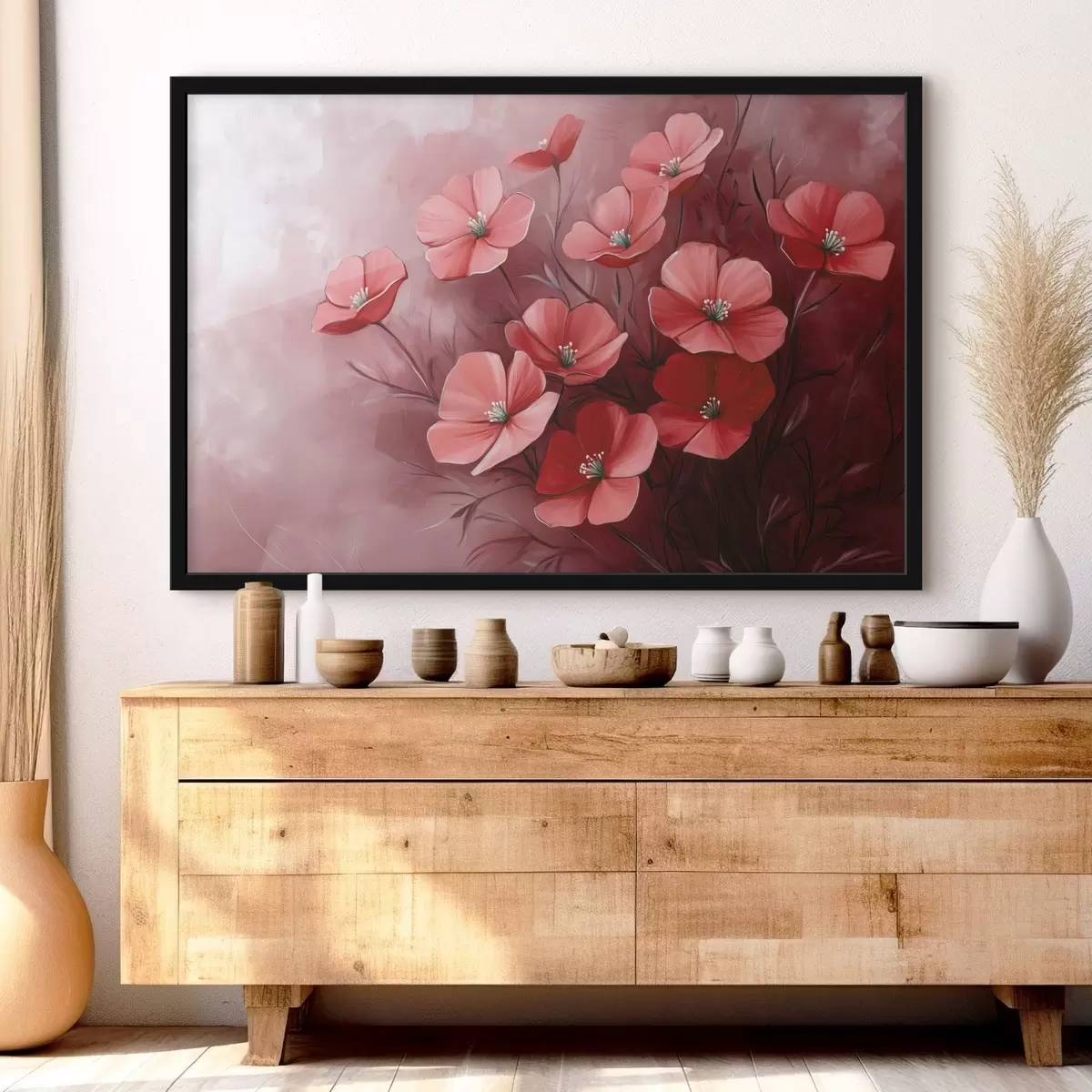 Plakāts Sarkani ziedi uz sarkana fona f42970